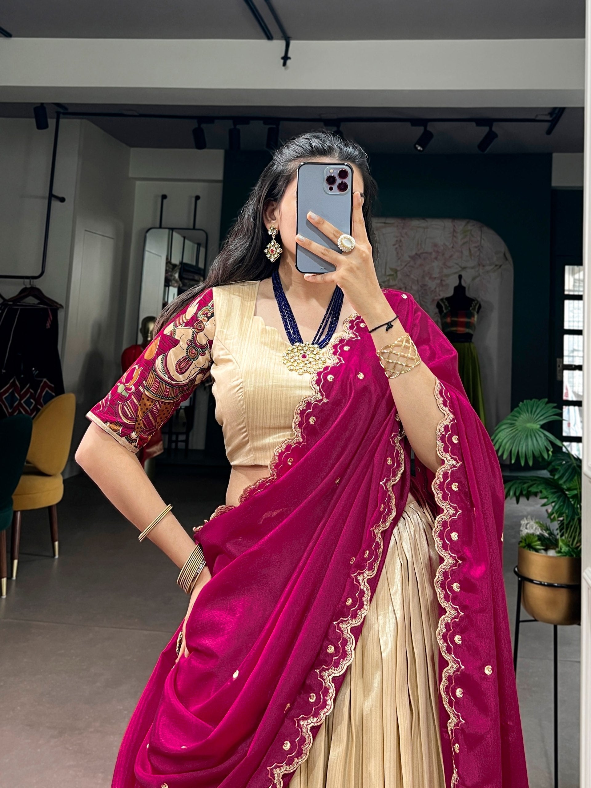 Off White Kalamkari Print Lehenga Set