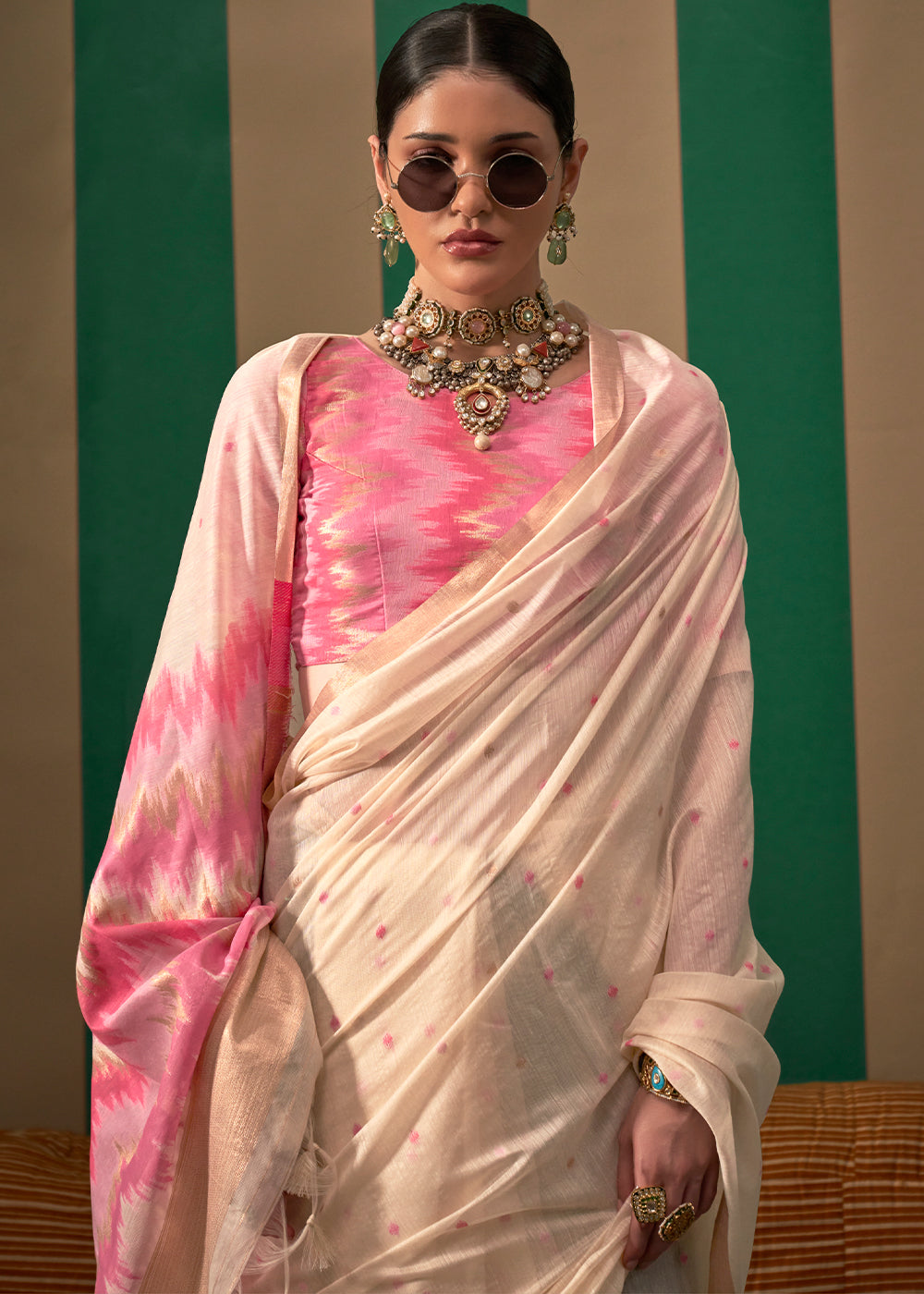 Off White Lustrous Spun Silk Saree with Cotton Blend