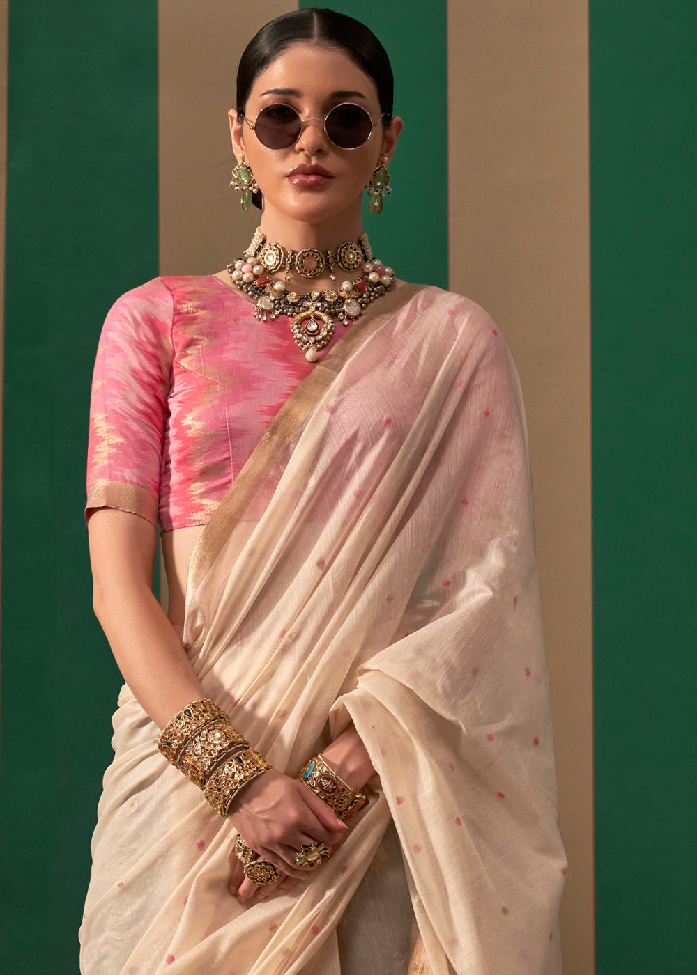 Off White Lustrous Spun Silk Saree with Cotton Blend