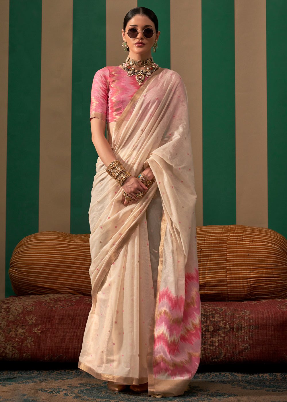 Off White Lustrous Spun Silk Saree with Cotton Blend
