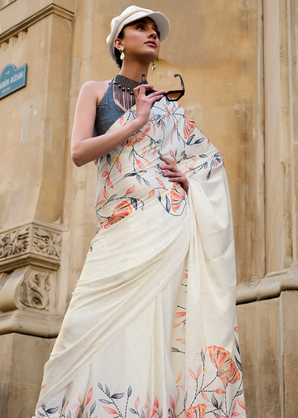 Off White Luxurious Satin Crepe Saree – Elegance with a Graceful Drape