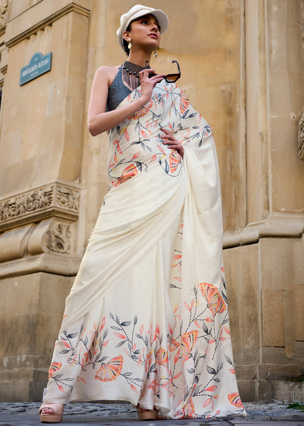 Off White Luxurious Satin Crepe Saree – Elegance with a Graceful Drape