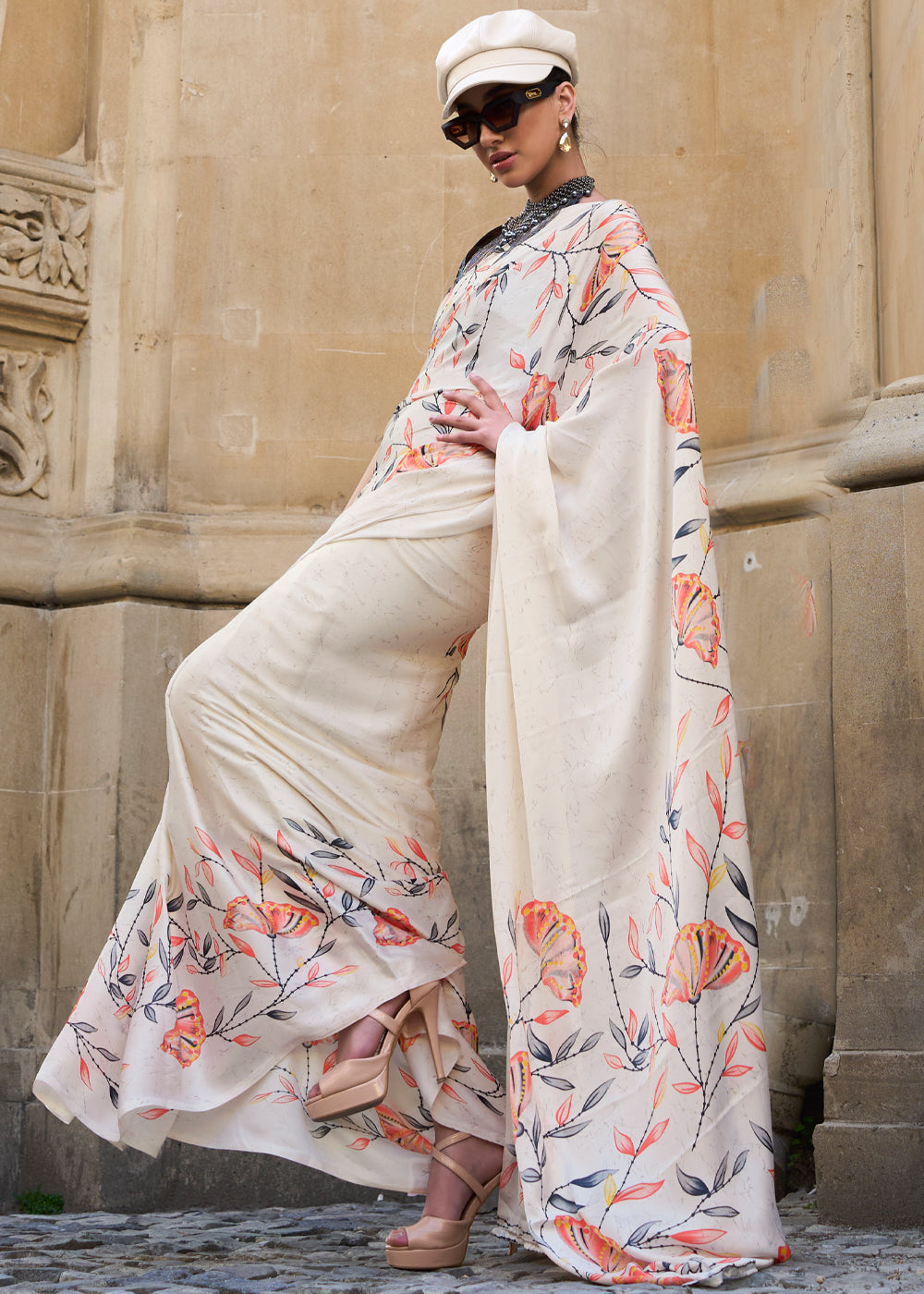 Off White Luxurious Satin Crepe Saree – Elegance with a Graceful Drape