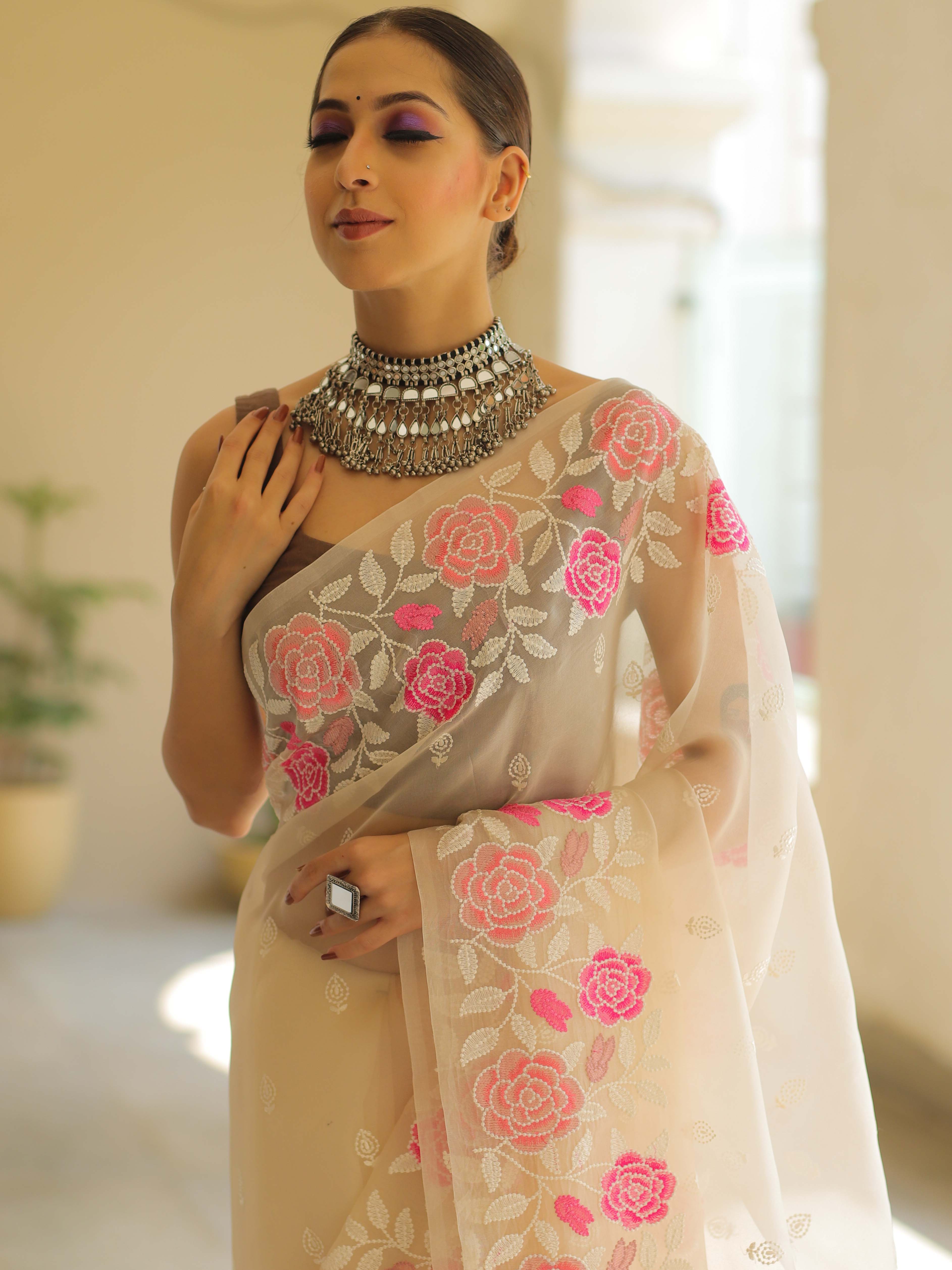 Off White Organza Silk Saree with Resham Floral Embroidery
