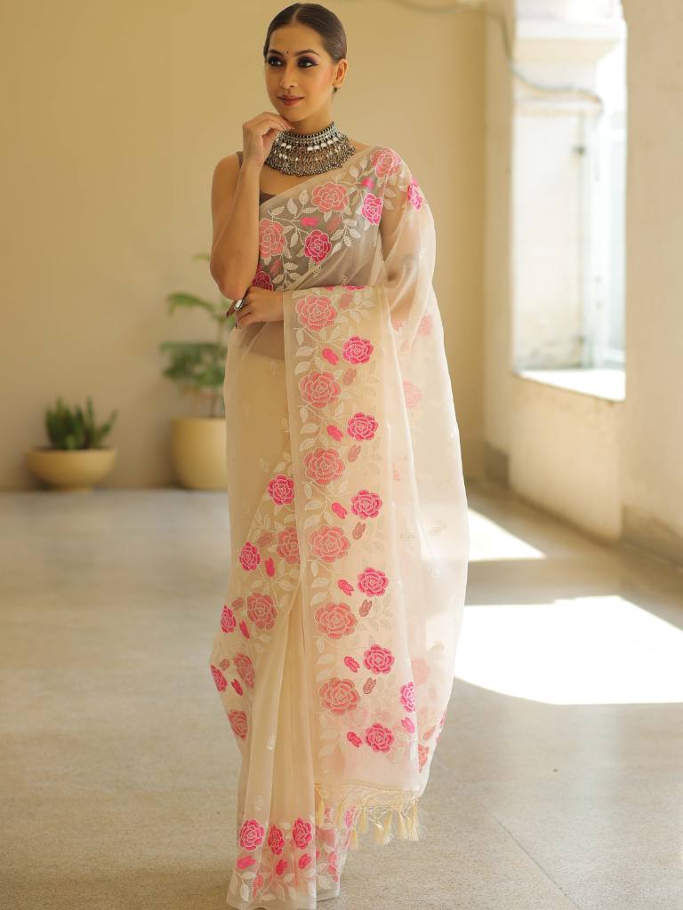 Off White Organza Silk Saree with Resham Floral Embroidery