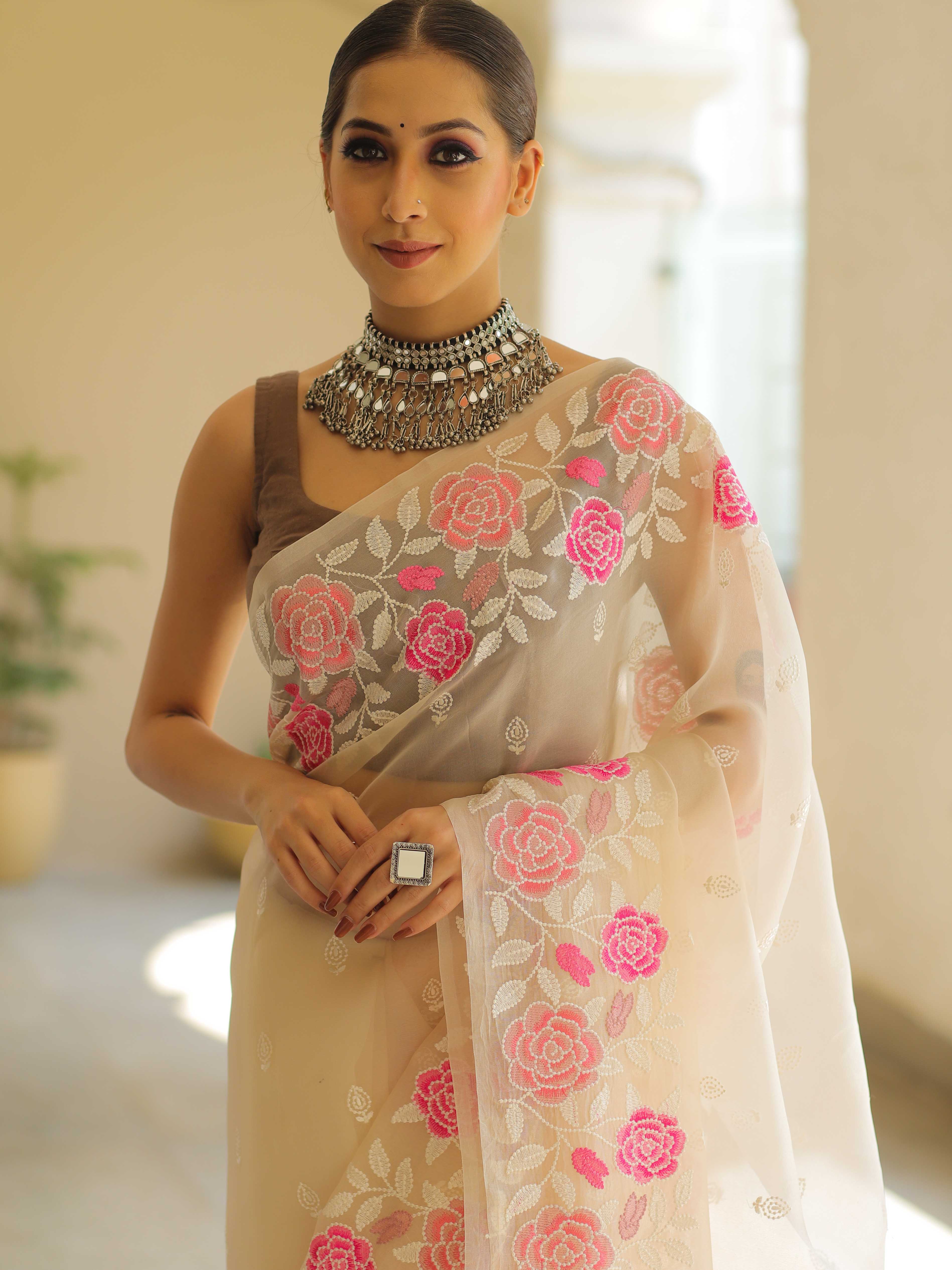 Off White Organza Silk Saree with Resham Floral Embroidery