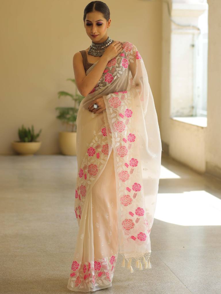 Off White Organza Silk Saree with Resham Floral Embroidery