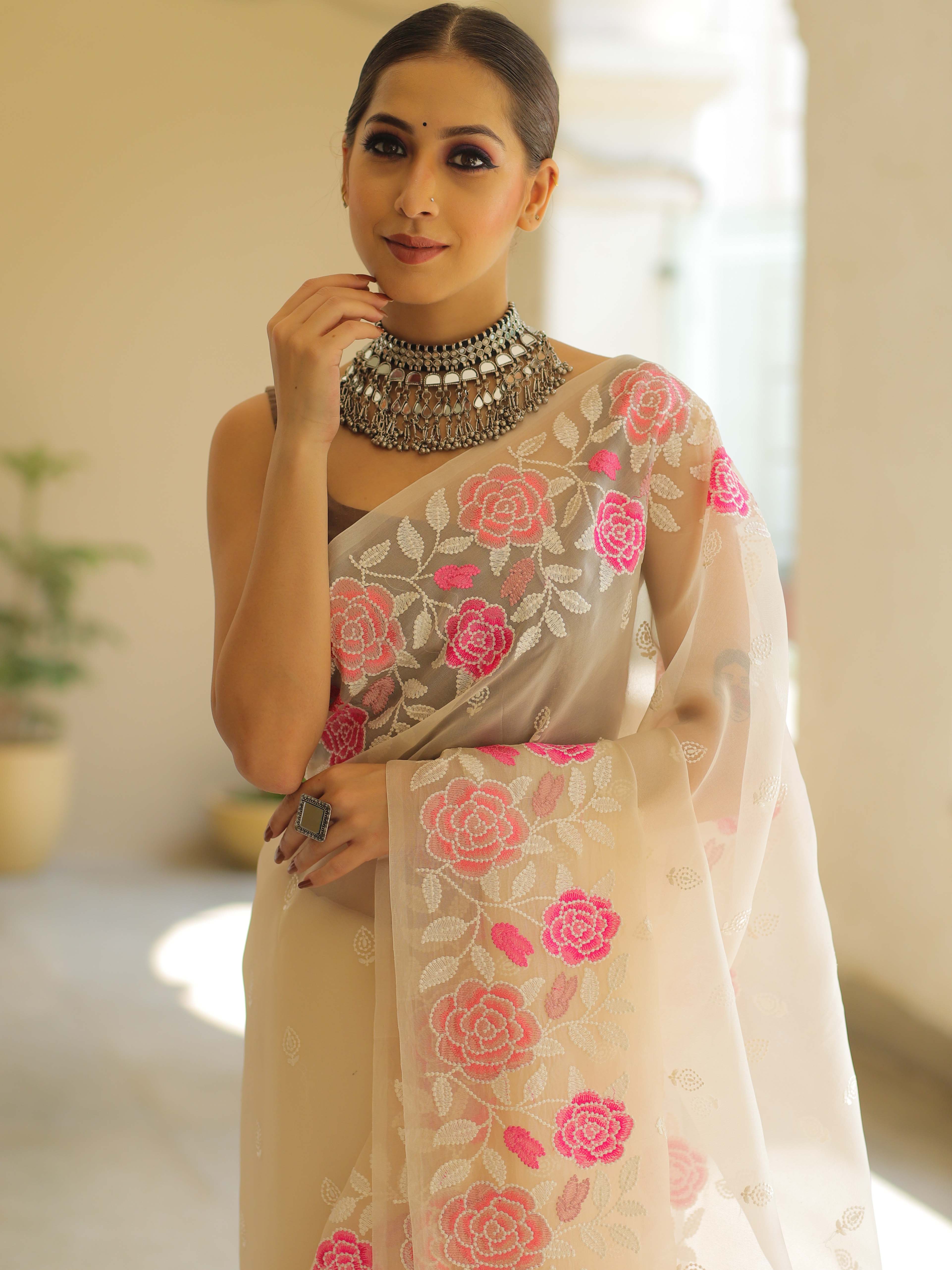 Off White Organza Silk Saree with Resham Floral Embroidery