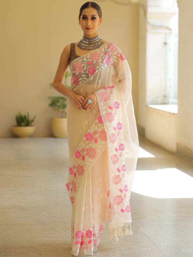 Off White Organza Silk Saree with Resham Floral Embroidery