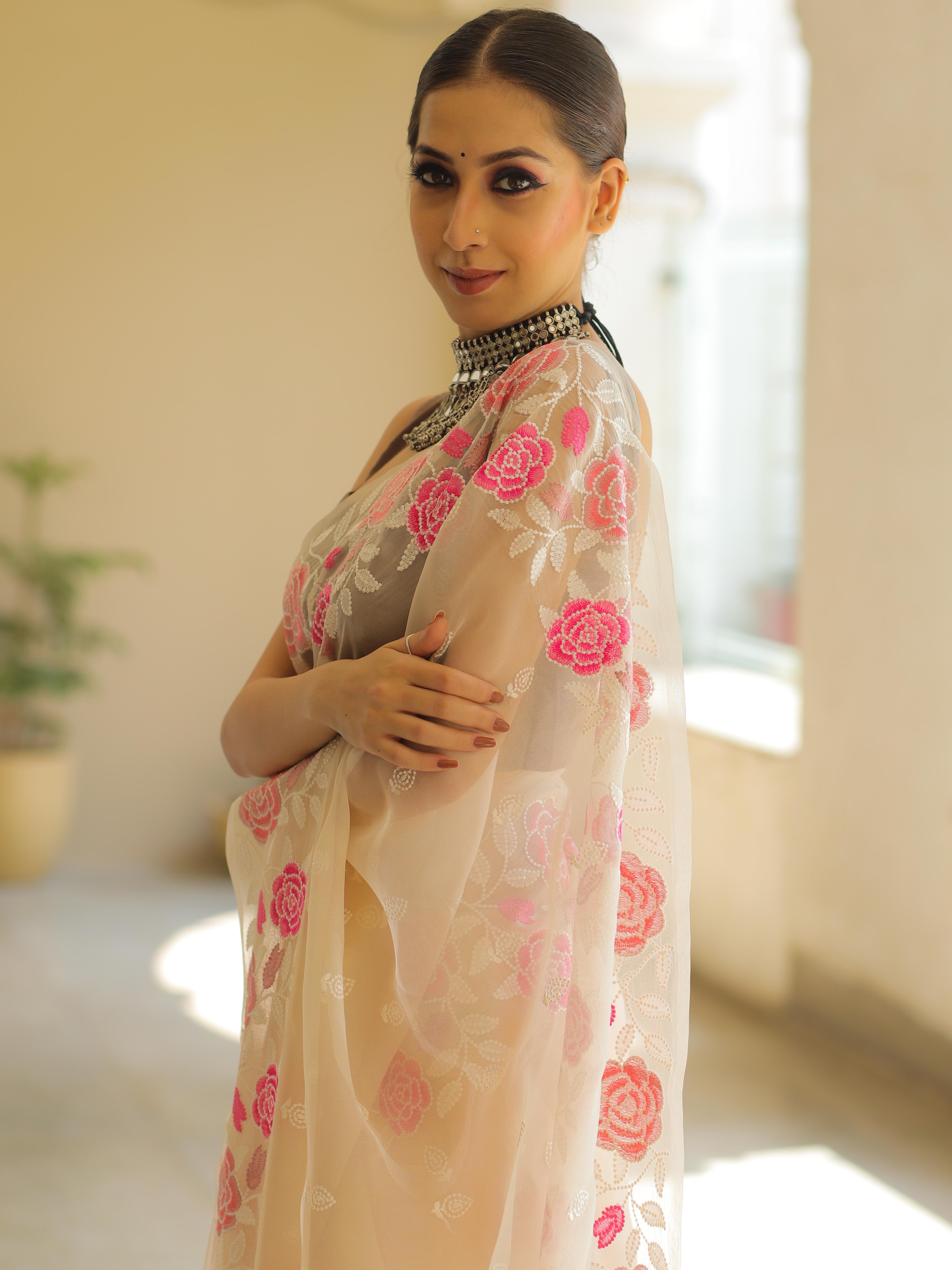 Off White Organza Silk Saree with Resham Floral Embroidery