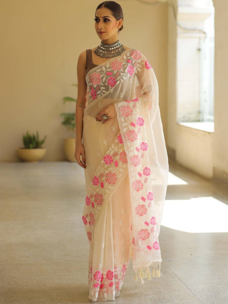 Off White Organza Silk Saree with Resham Floral Embroidery