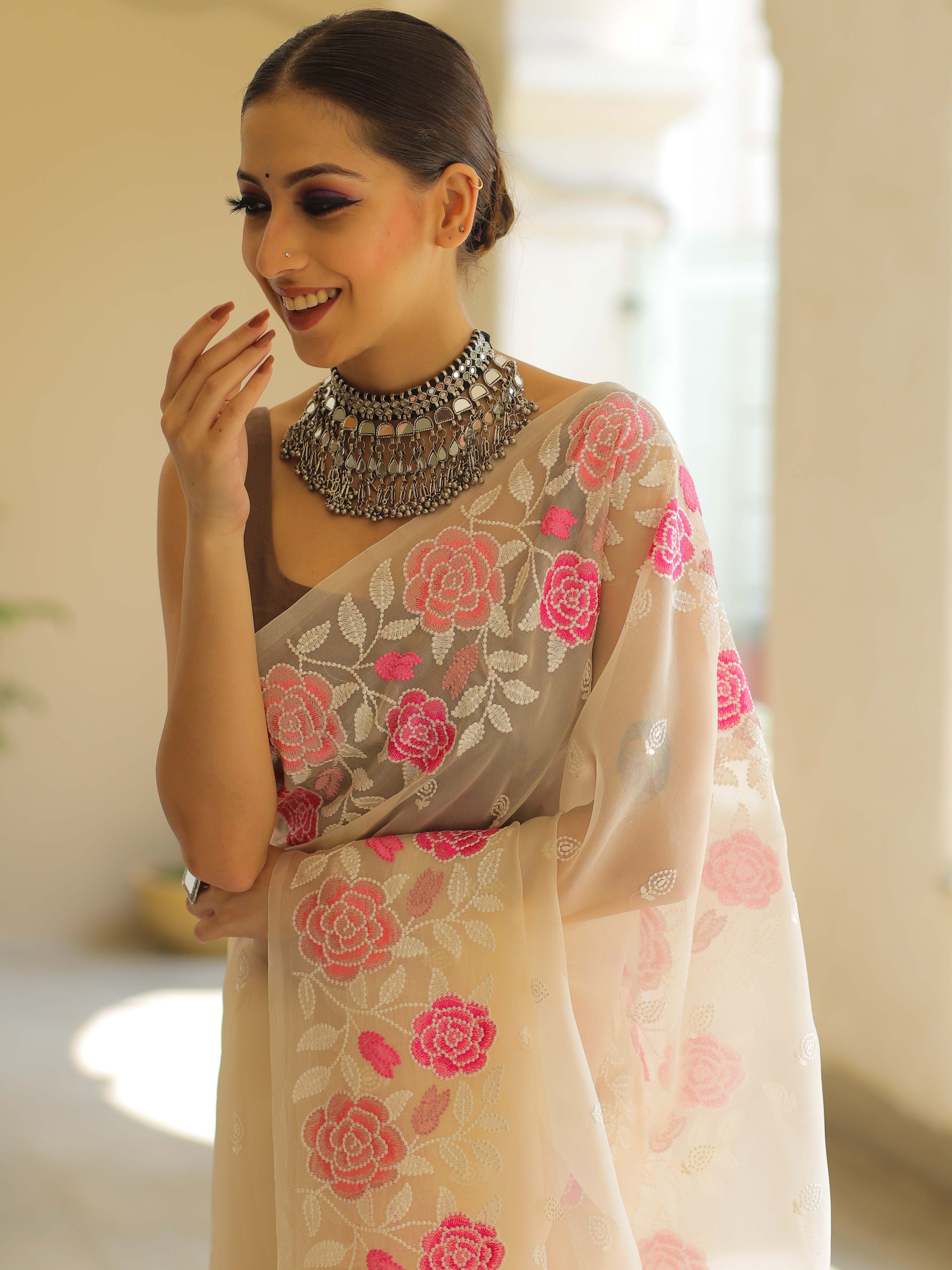 Off White Organza Silk Saree with Resham Floral Embroidery