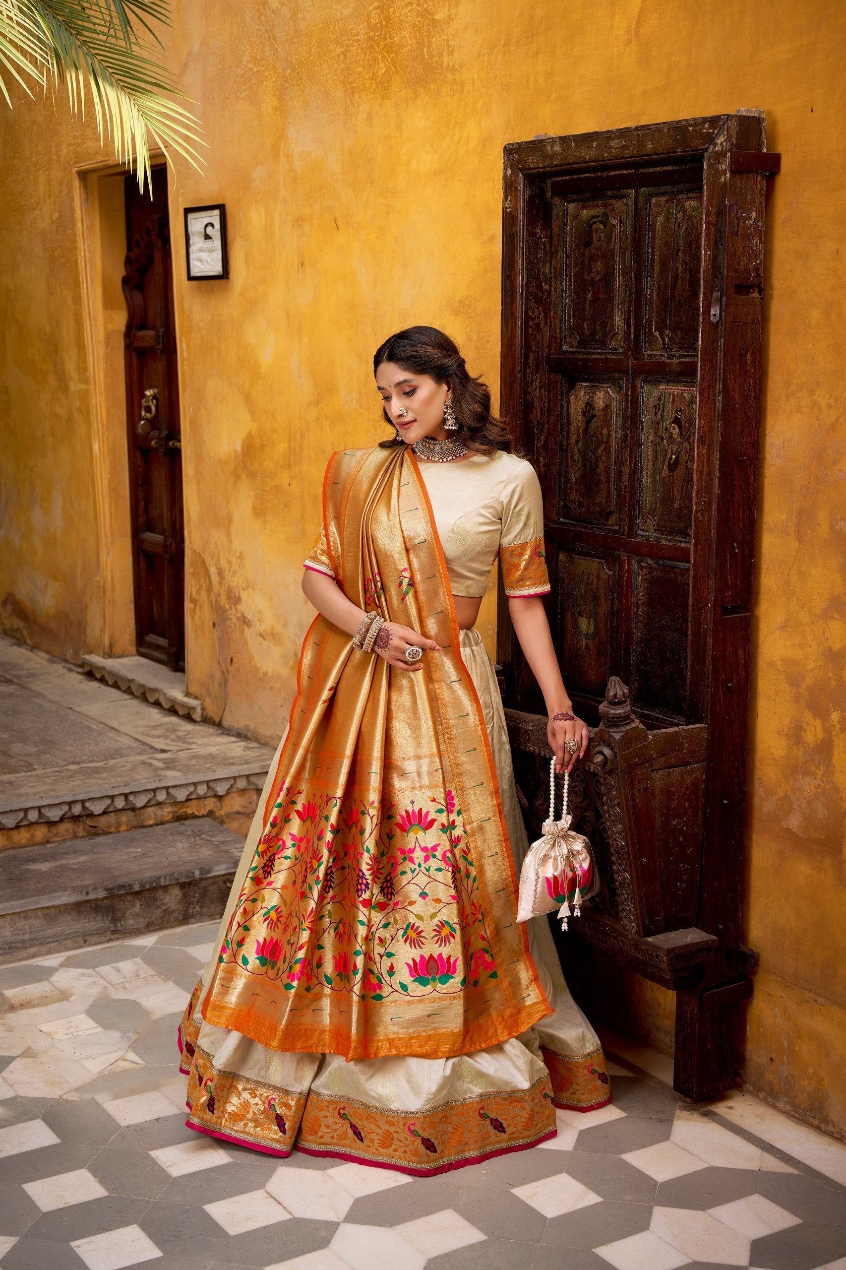 Off White Paithani Lehenga Set with Batwa