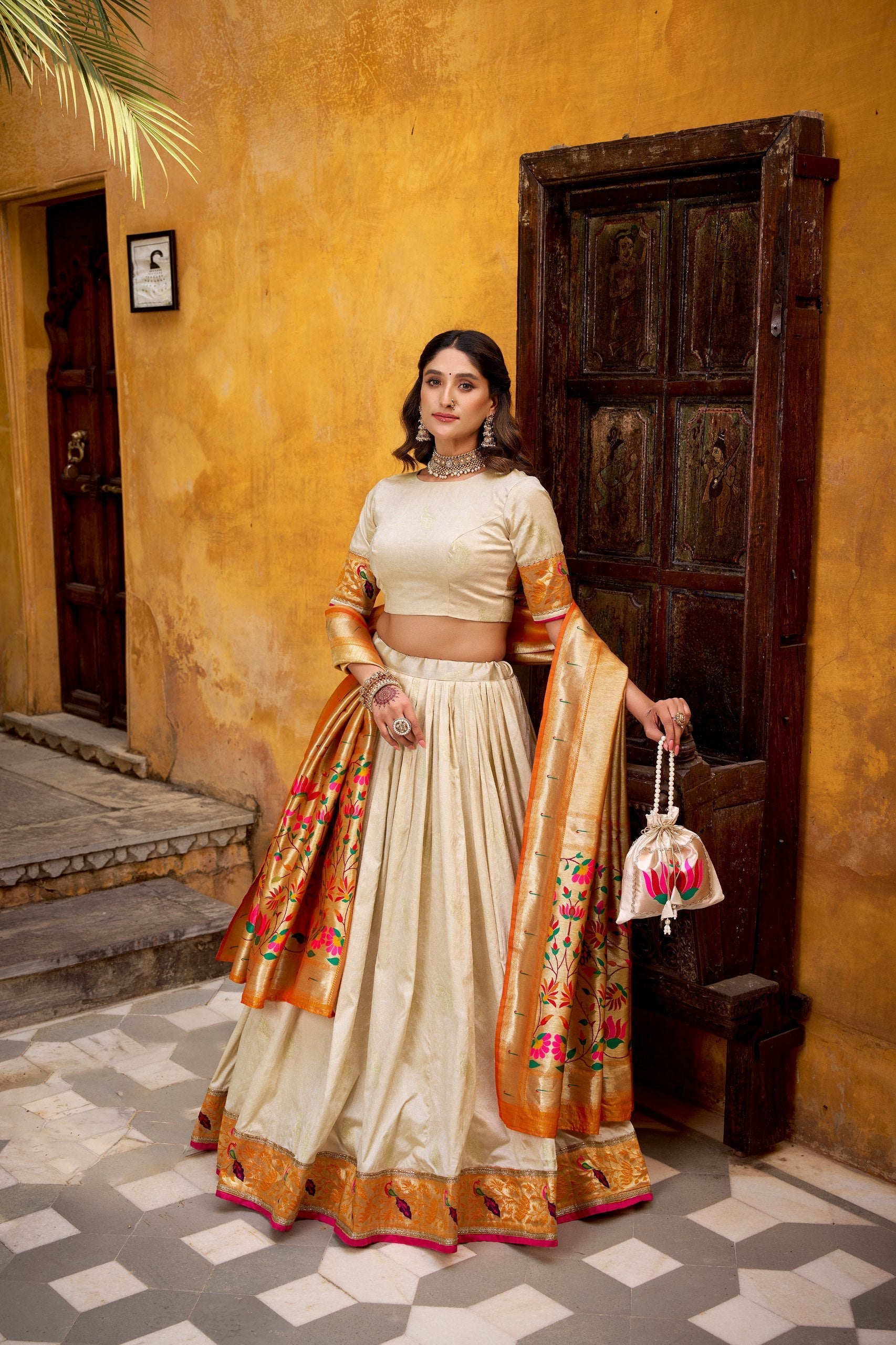 Off White Paithani Lehenga Set with Batwa
