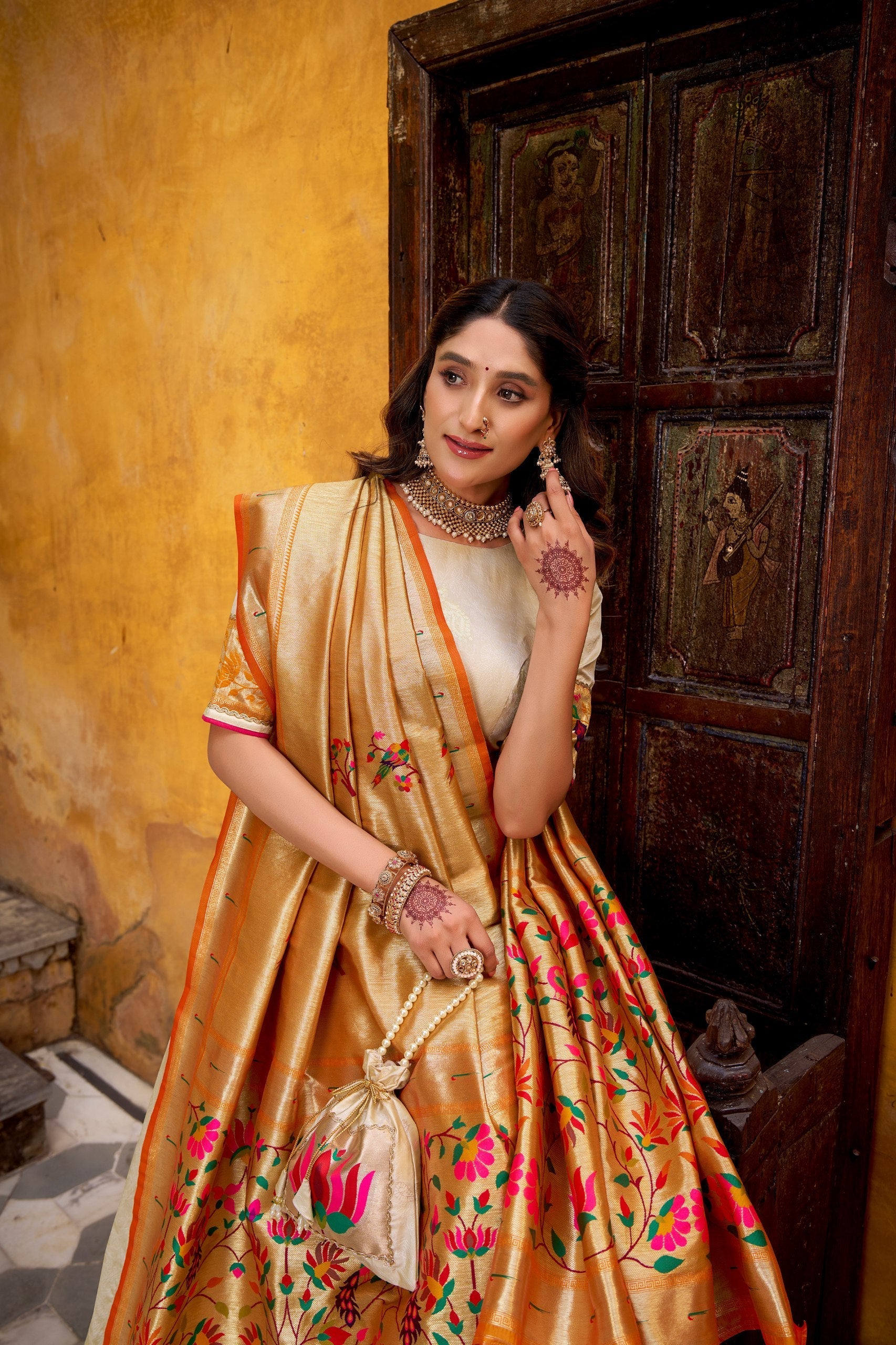 Off White Paithani Lehenga Set with Batwa