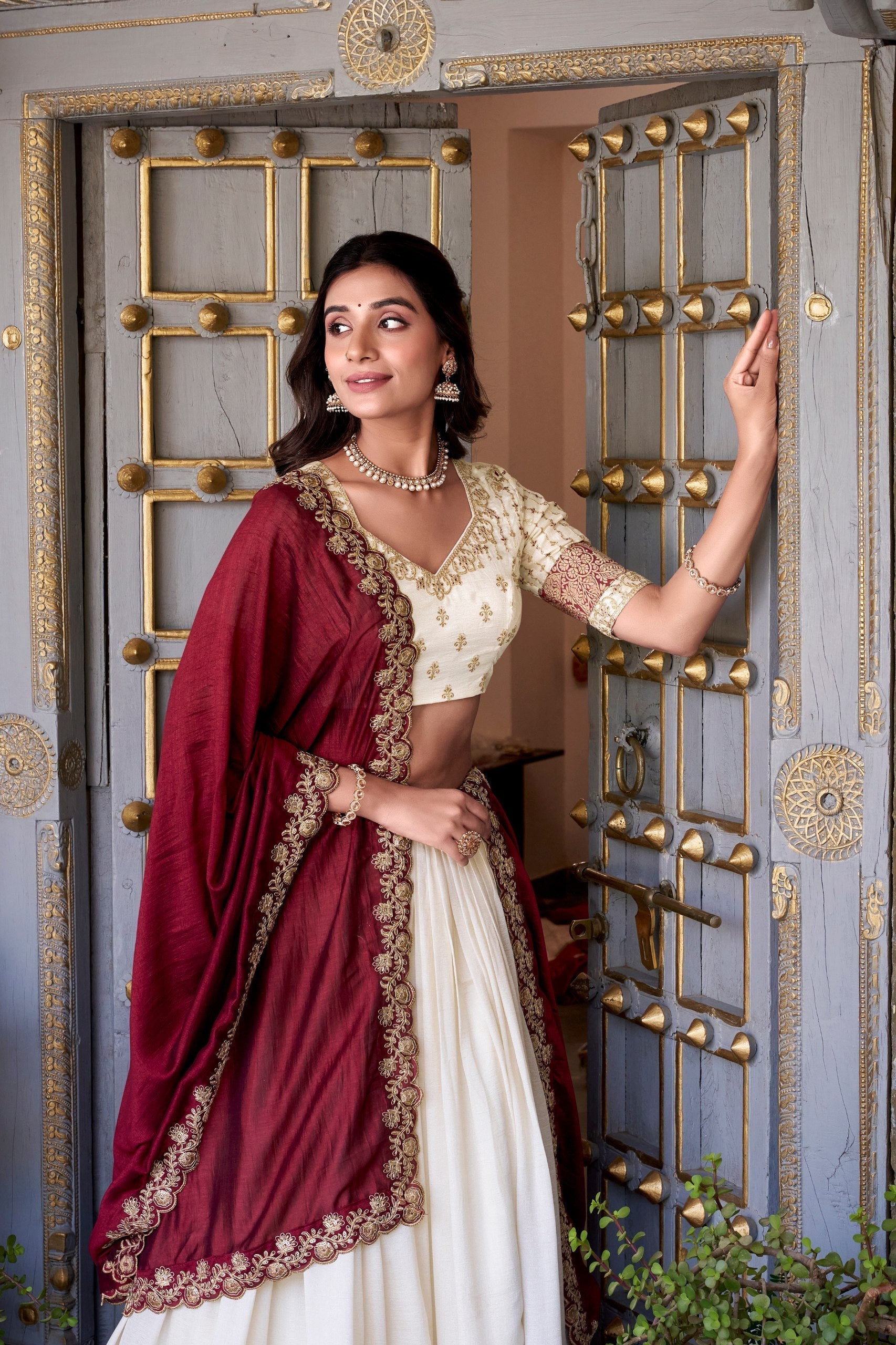Off White Premium Vichitra Silk Lehenga Set with Zari & Sequin Detailing – 3-Piece Ensemble