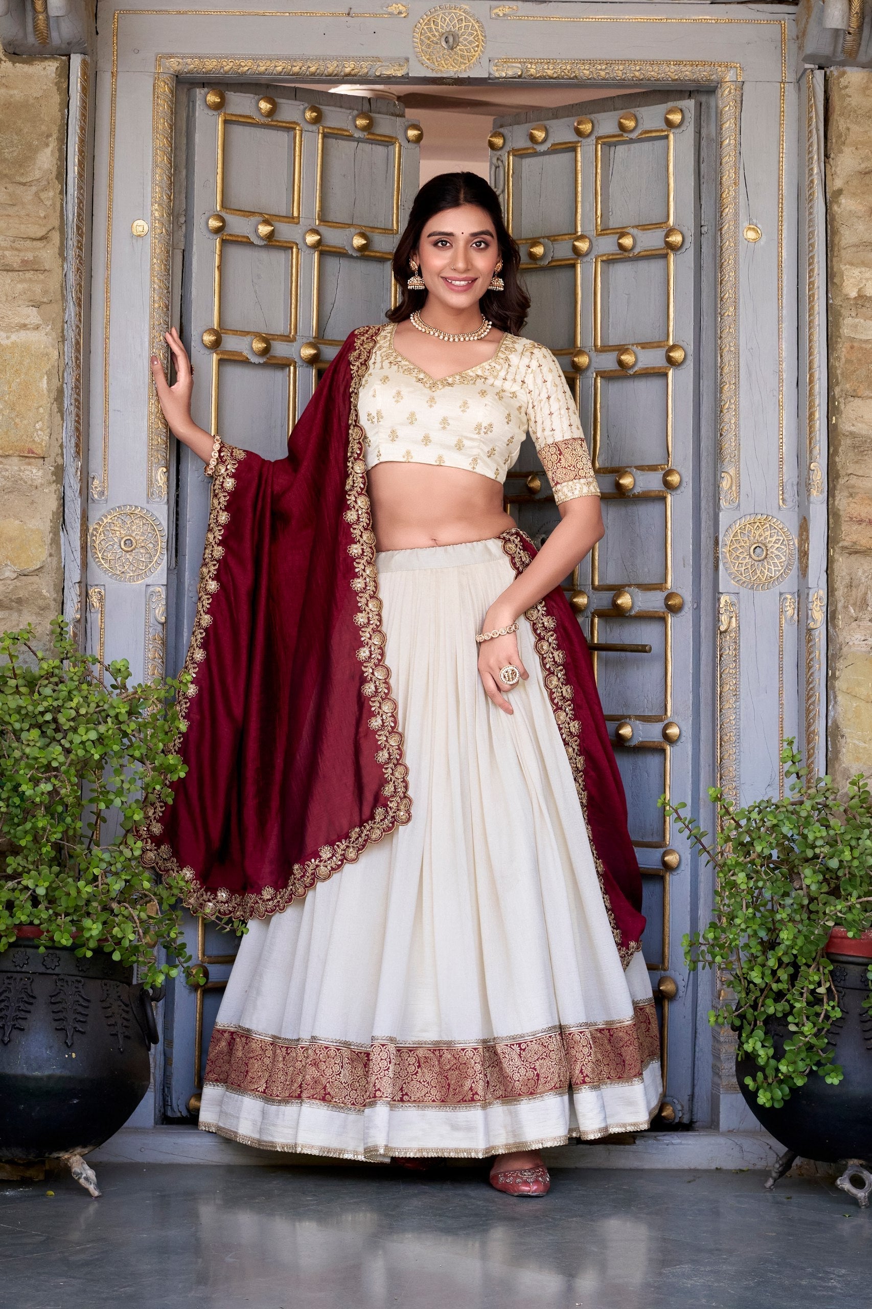 Off White Premium Vichitra Silk Lehenga Set with Zari & Sequin Detailing – 3-Piece Ensemble