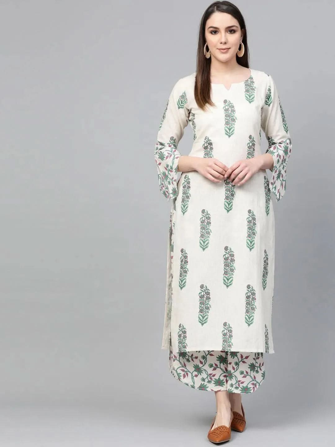 Anouk Off-White Printed Cotton Straight Kurta With Palazzos