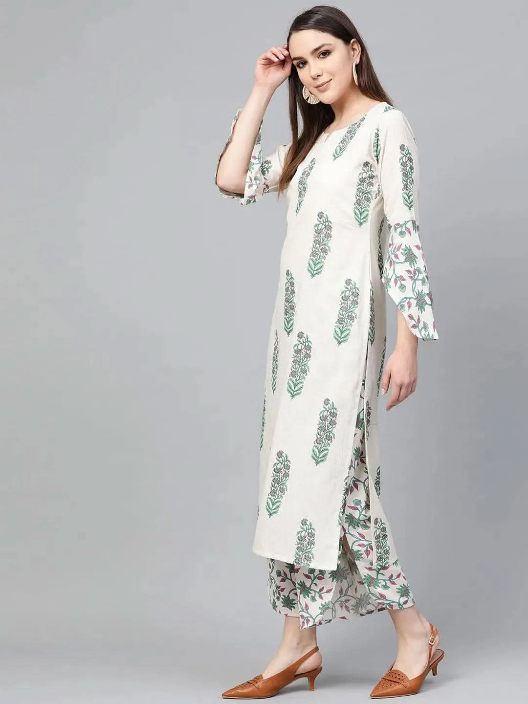 Anouk Off-White Printed Cotton Straight Kurta With Palazzos
