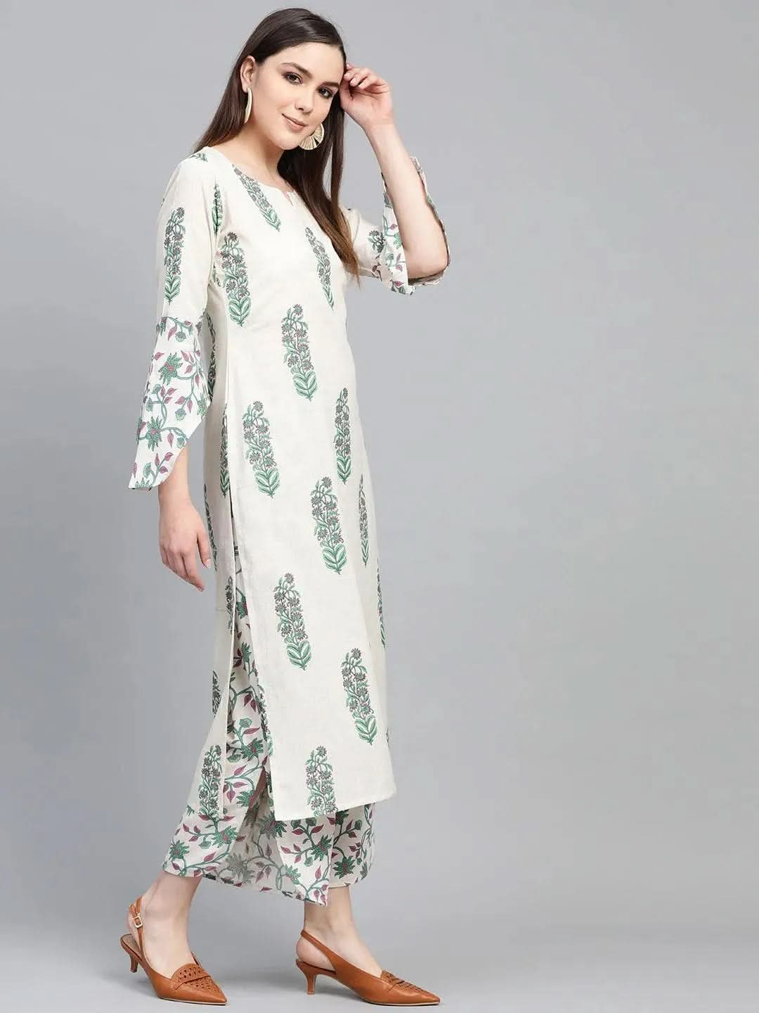 Anouk Off-White Printed Cotton Straight Kurta With Palazzos