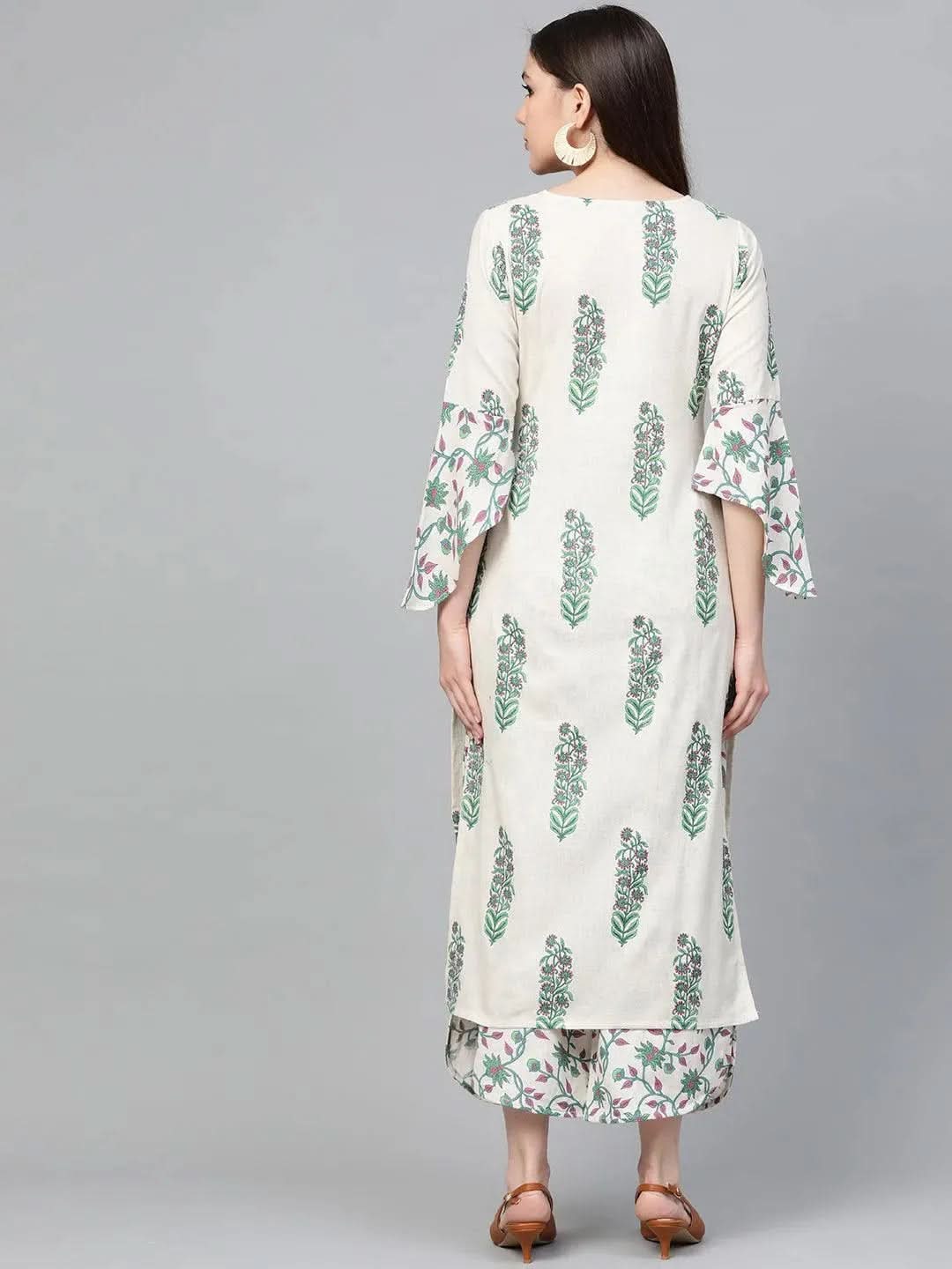 Anouk Off-White Printed Cotton Straight Kurta With Palazzos