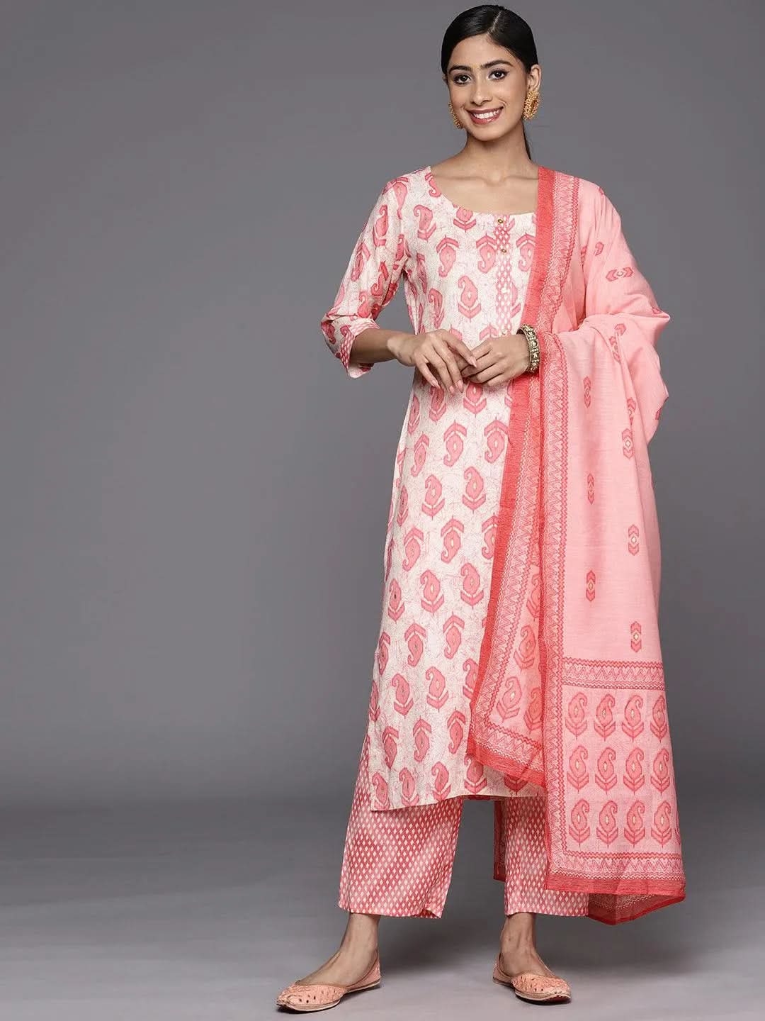 Anouk Off-White Printed Rayon Straight Kurta With Trousers & Dupatta