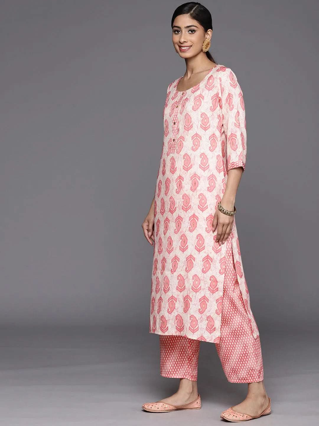 Anouk Off-White Printed Rayon Straight Kurta With Trousers & Dupatta