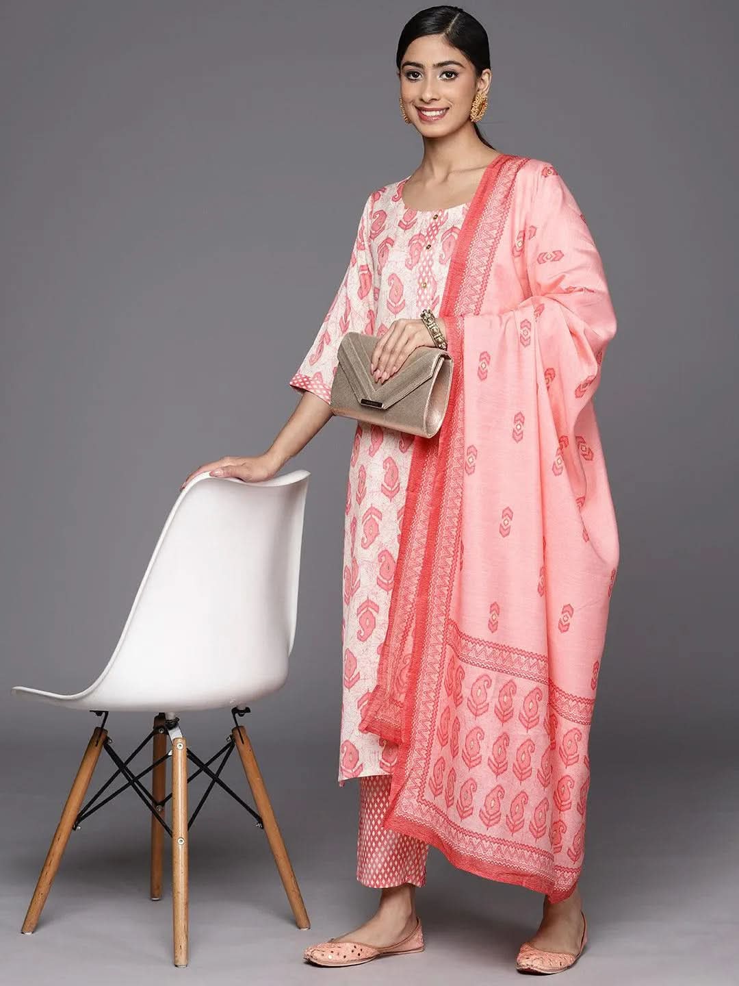 Anouk Off-White Printed Rayon Straight Kurta With Trousers & Dupatta