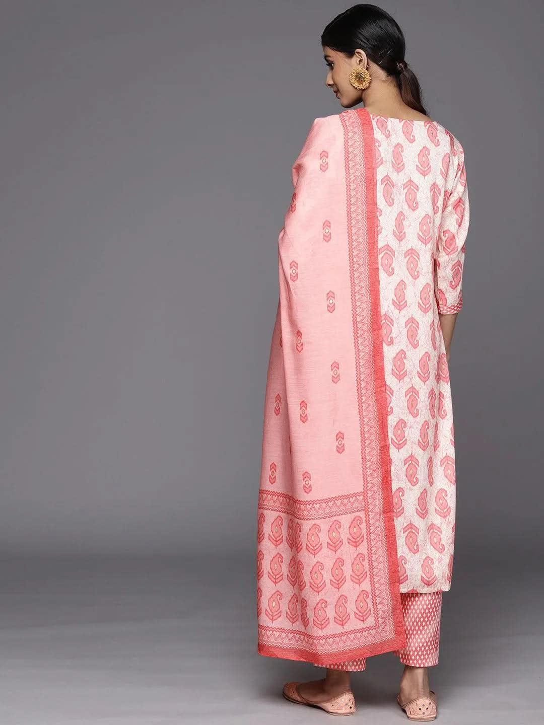 Anouk Off-White Printed Rayon Straight Kurta With Trousers & Dupatta