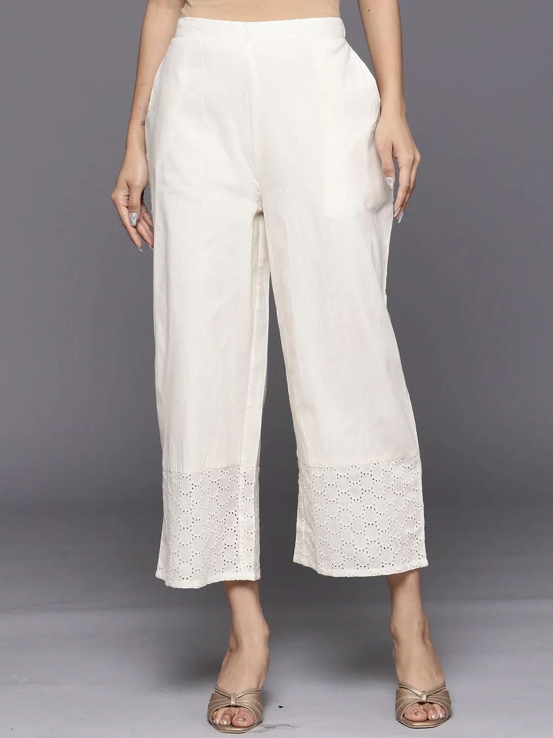 Anouk Off White Schiffli Cotton Palazzos