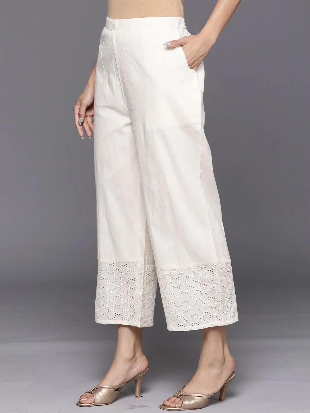 Anouk Off White Schiffli Cotton Palazzos