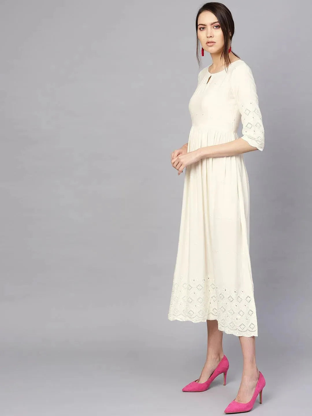 Anouk Off-White Schiffli Rayon Dress