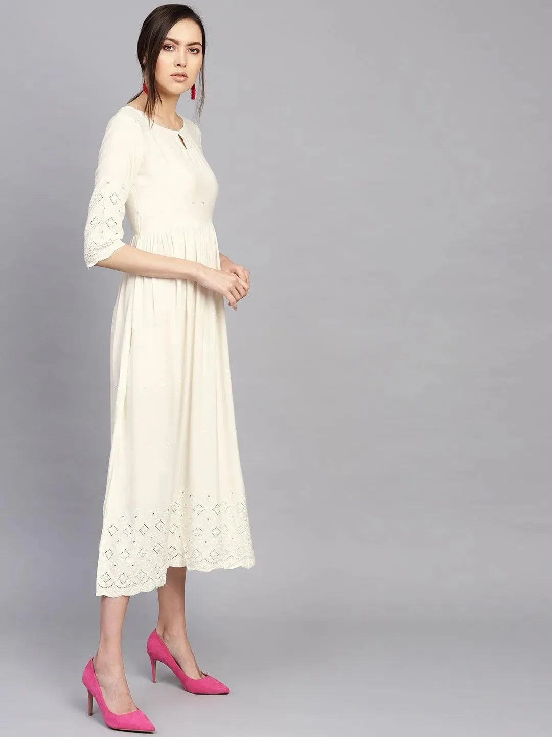 Anouk Off-White Schiffli Rayon Dress