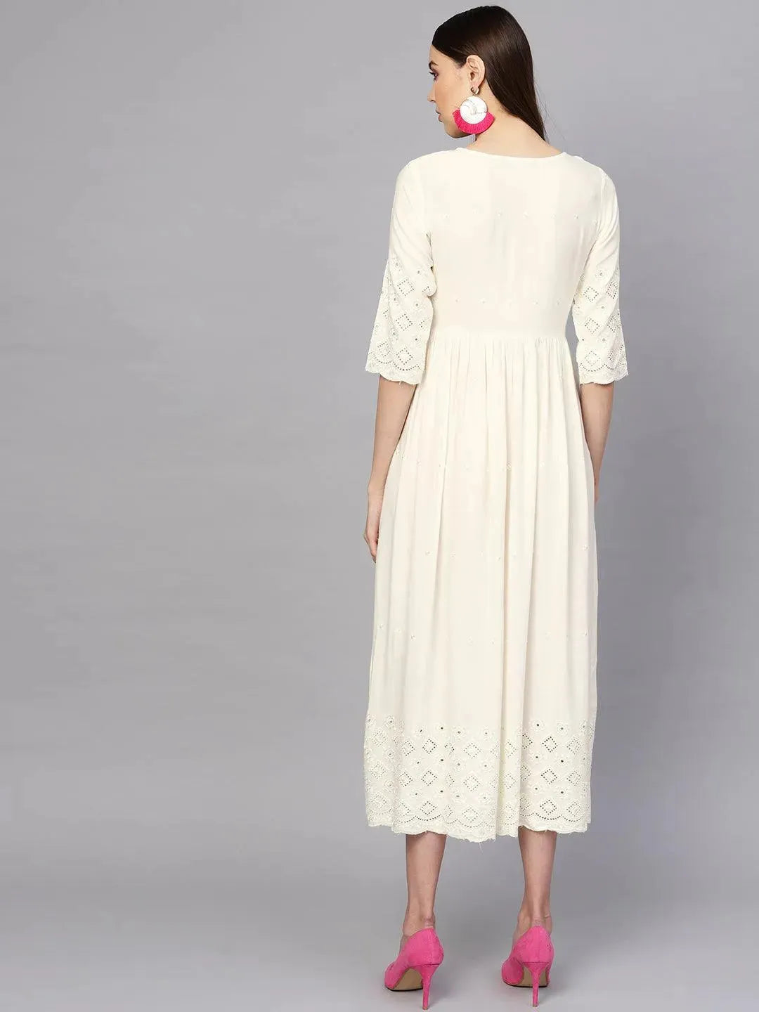 Anouk Off-White Schiffli Rayon Dress