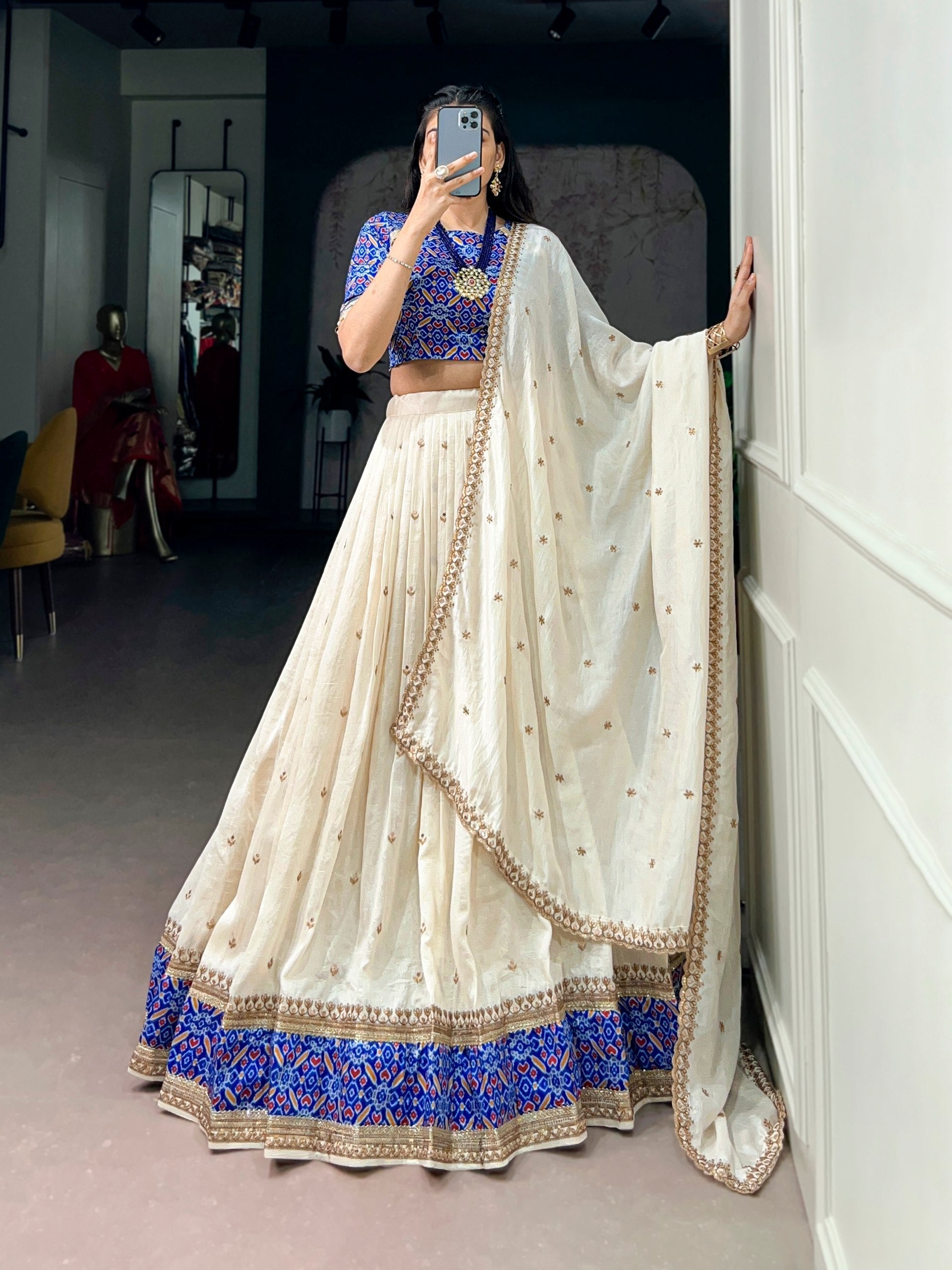 Off White Silk Sequins Designer Lehenga Choli