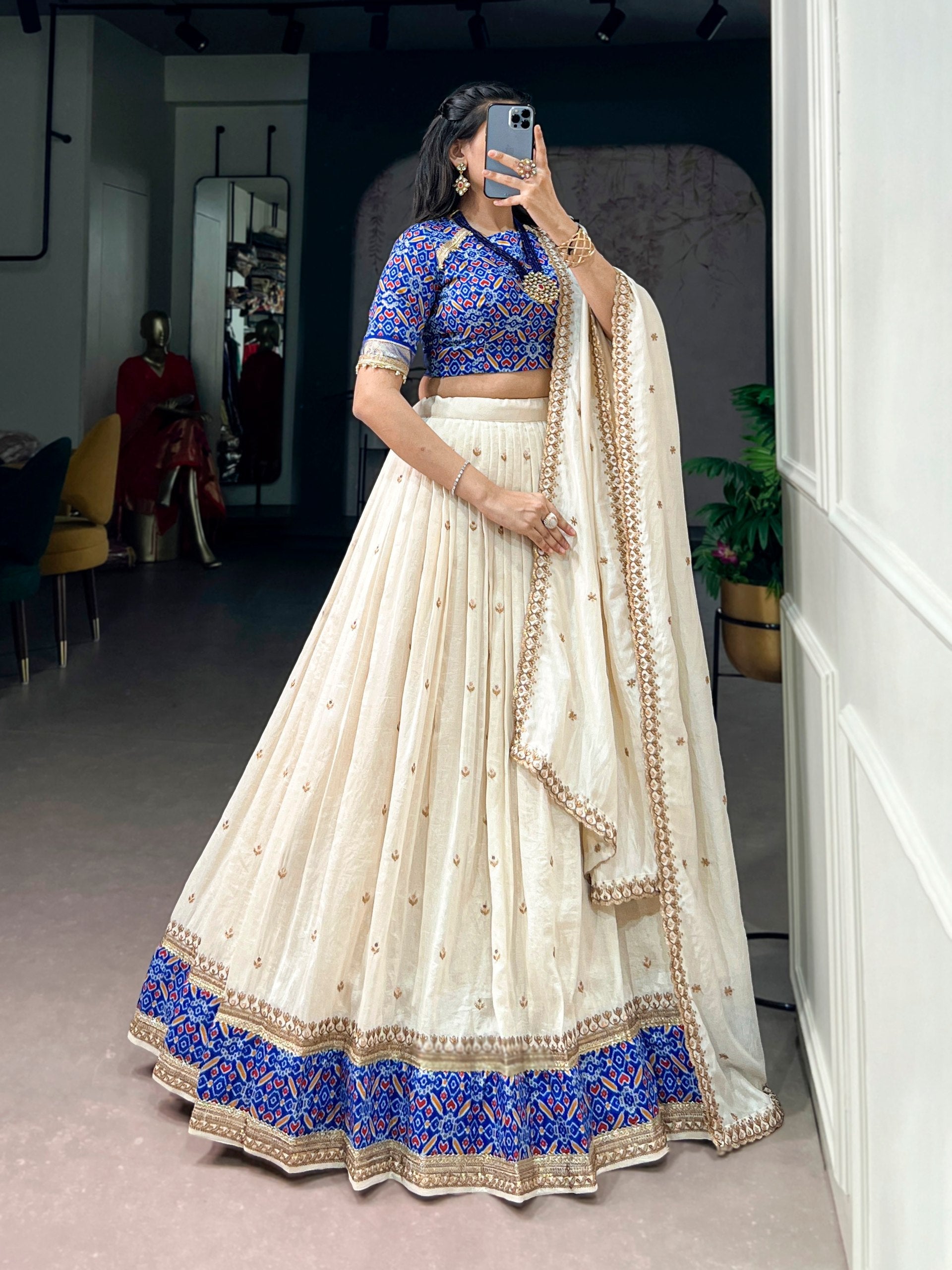 Off White Silk Sequins Designer Lehenga Choli