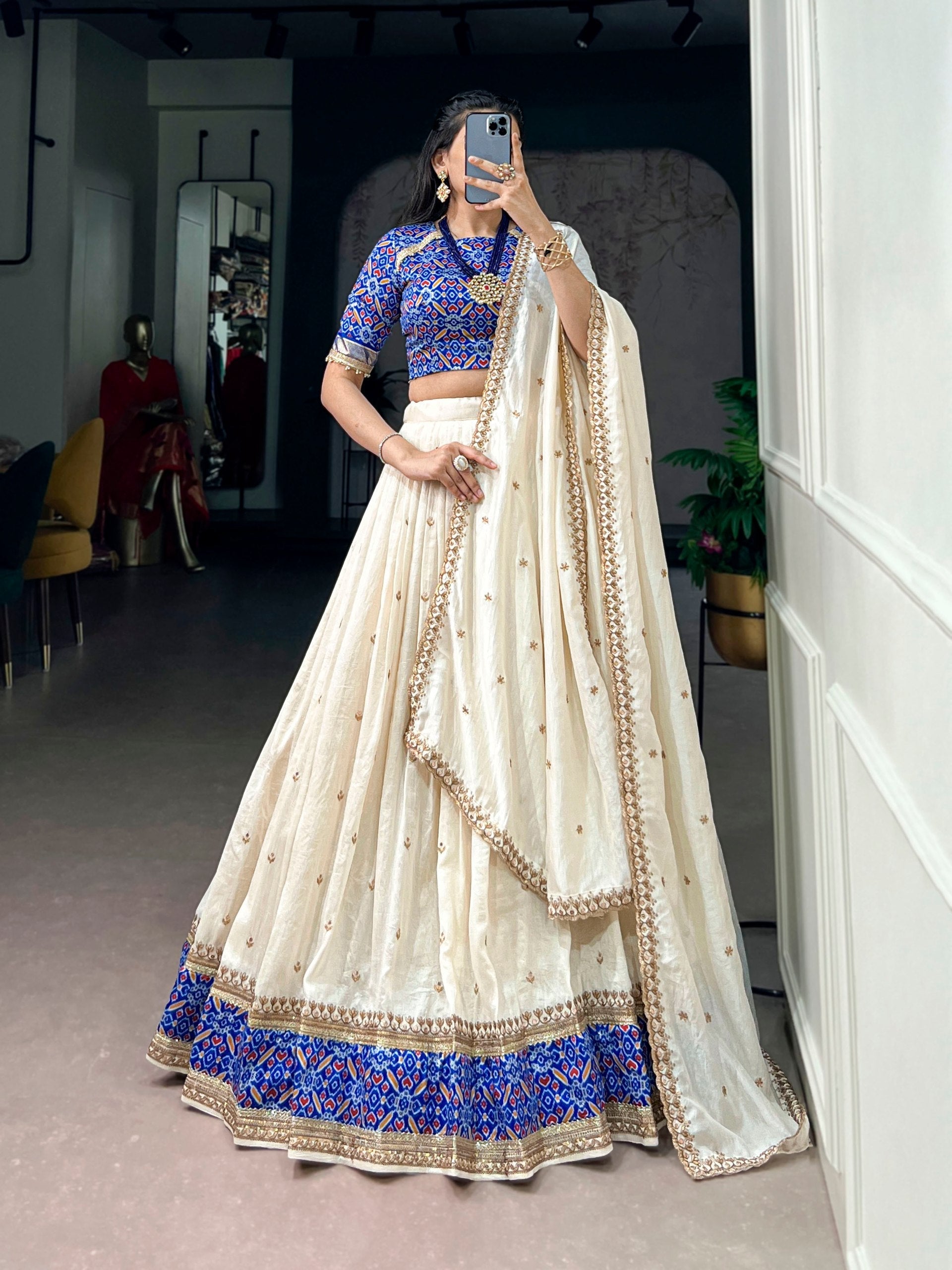 Off White Silk Sequins Designer Lehenga Choli