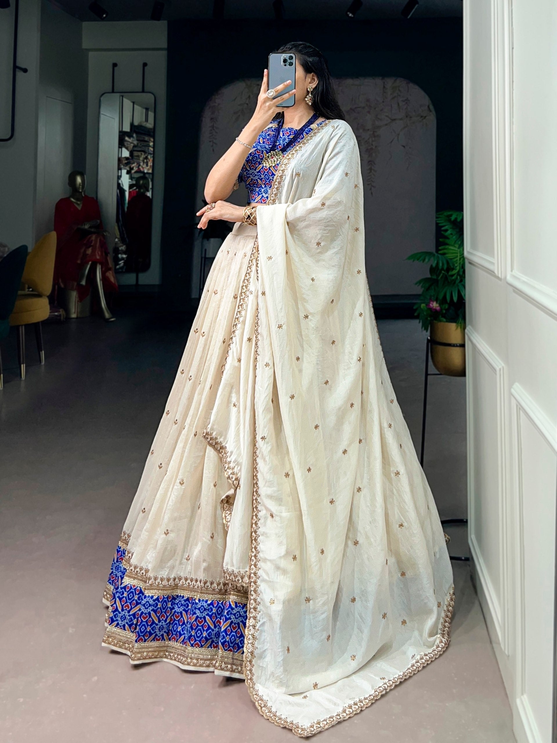Off White Silk Sequins Designer Lehenga Choli