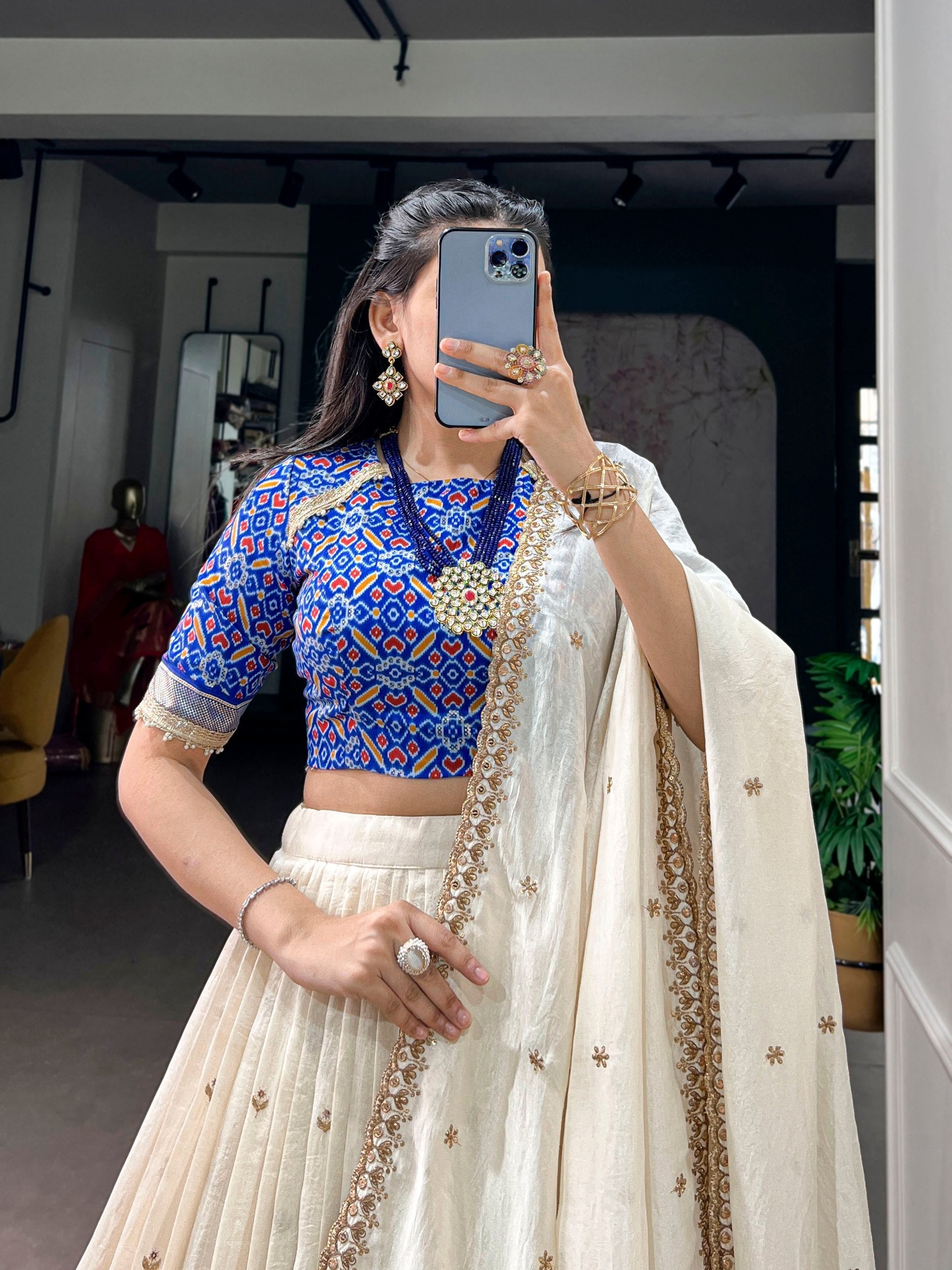 Off White Silk Sequins Designer Lehenga Choli