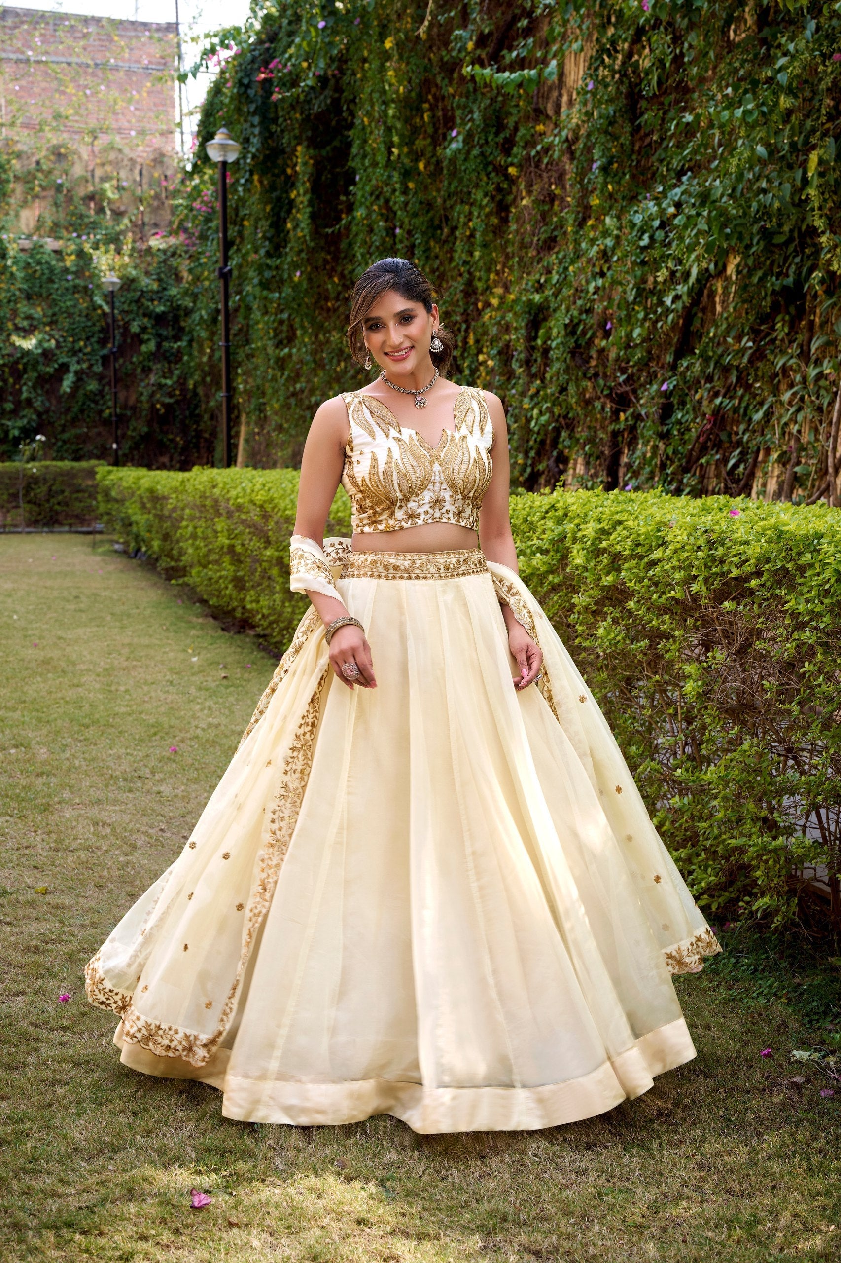 Off White Silk Sequins & Thread Embroidered Lehenga Choli Set