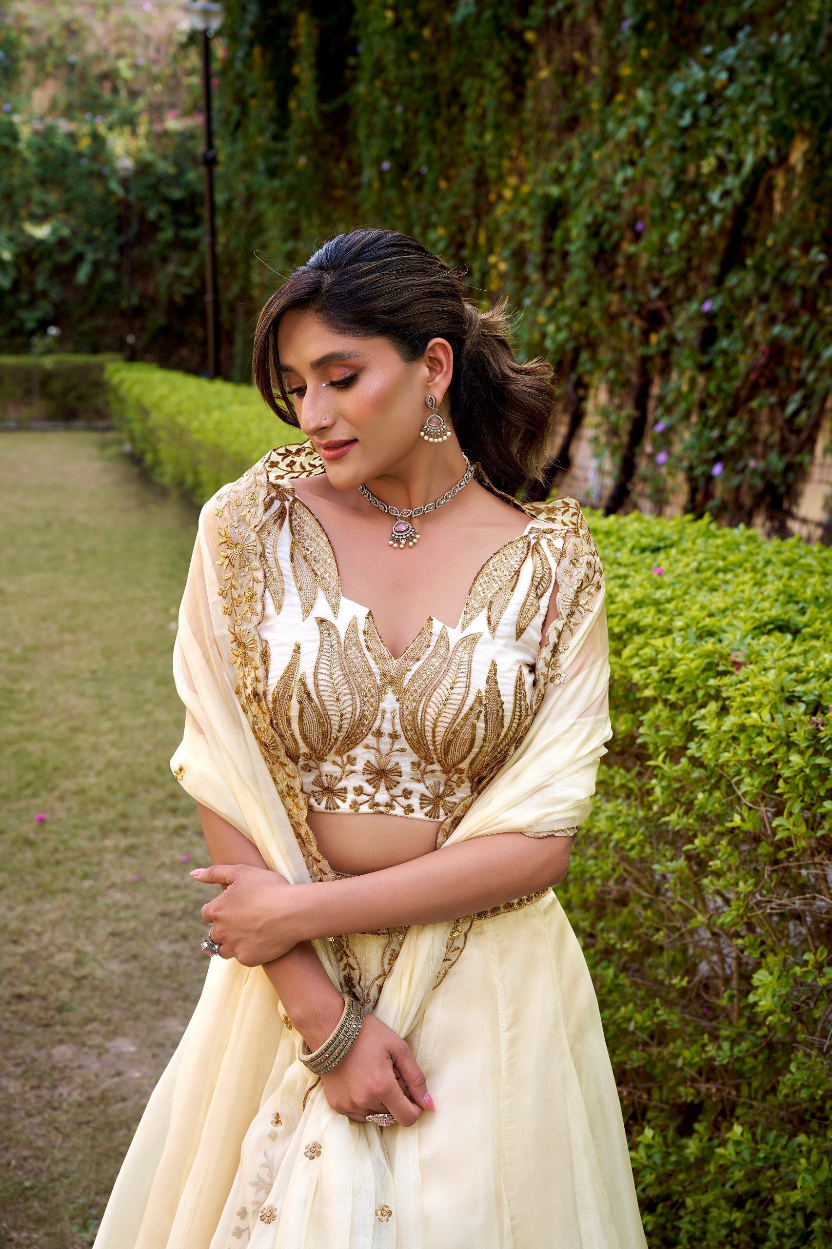 Off White Silk Sequins & Thread Embroidered Lehenga Choli Set