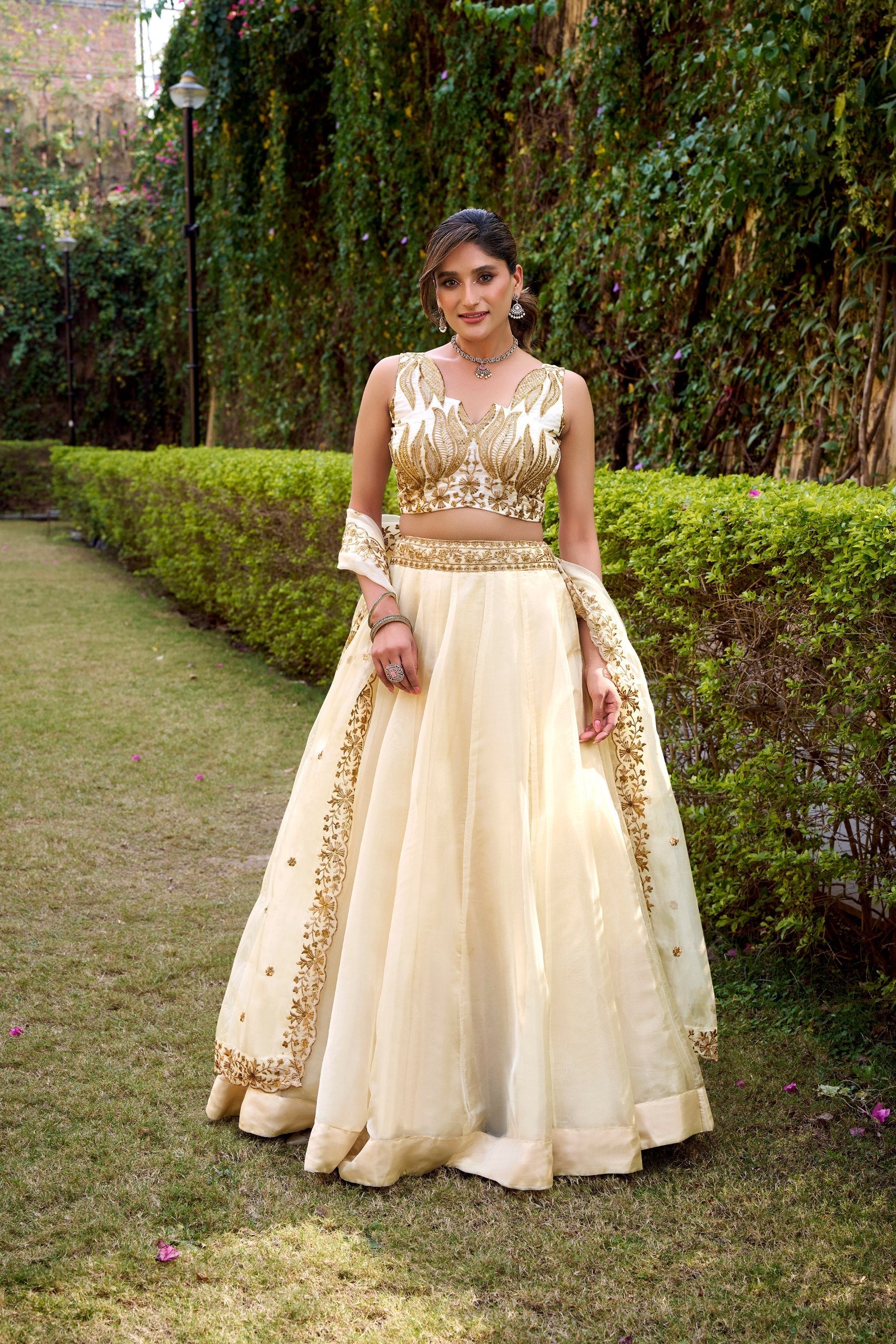 Off White Silk Sequins & Thread Embroidered Lehenga Choli Set