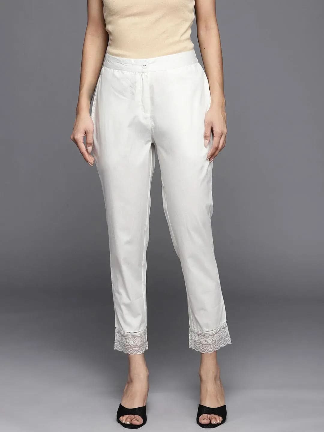 Anouk Off White Solid Cotton Trousers