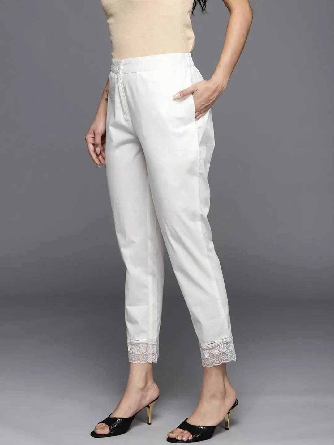 Anouk Off White Solid Cotton Trousers