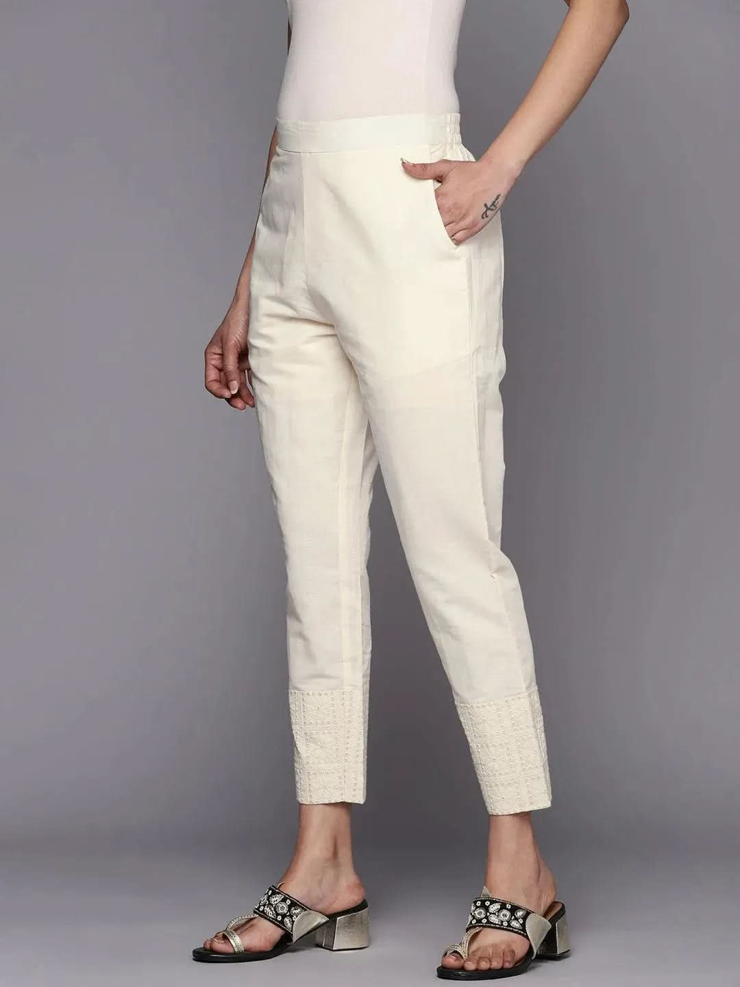 Anouk Off White Solid Cotton Trousers