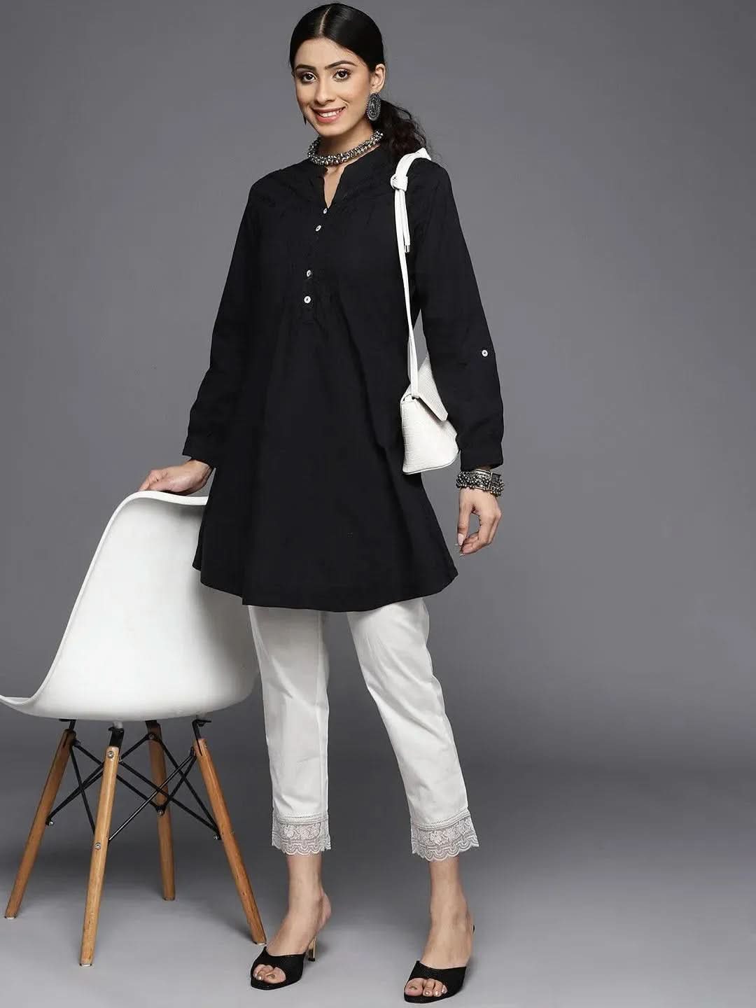 Anouk Off White Solid Cotton Trousers