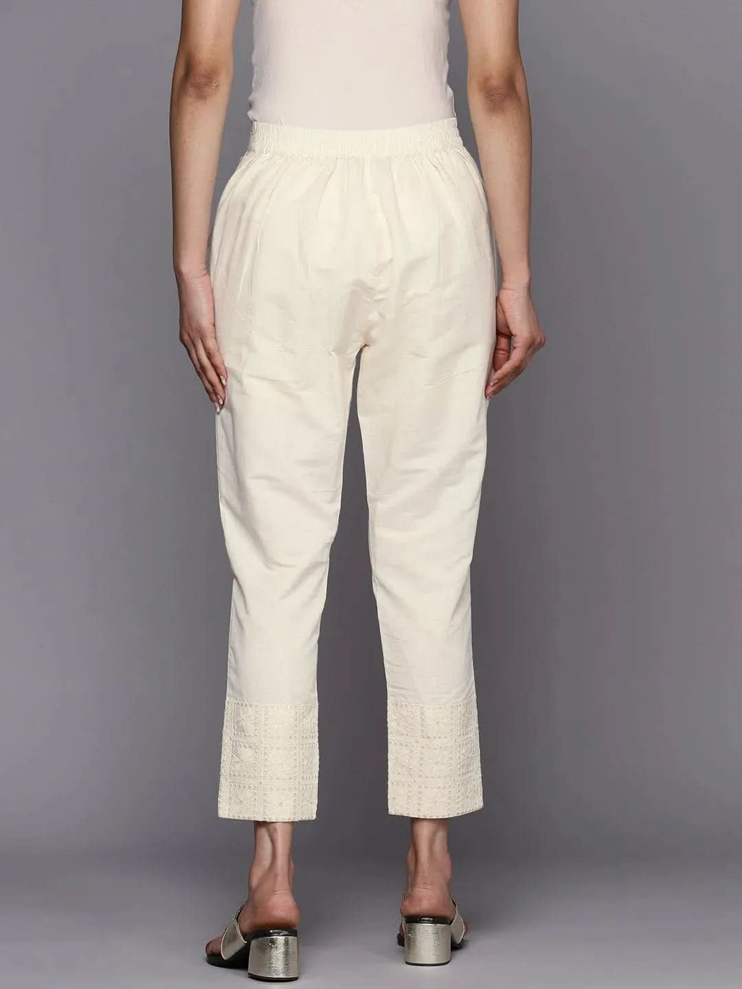 Anouk Off White Solid Cotton Trousers