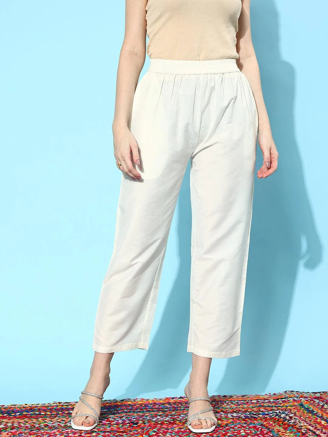 Anouk Off White Solid Silk Trousers