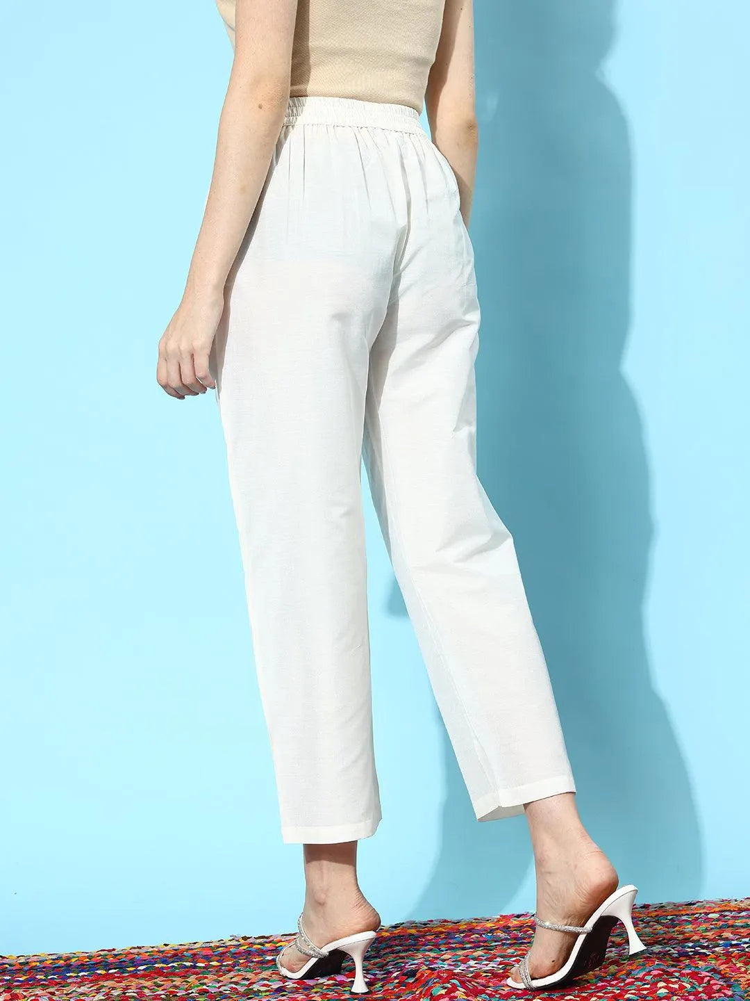 Anouk Off White Solid Silk Trousers