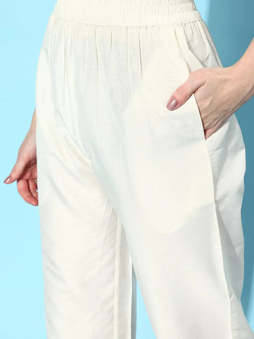 Anouk Off White Solid Silk Trousers